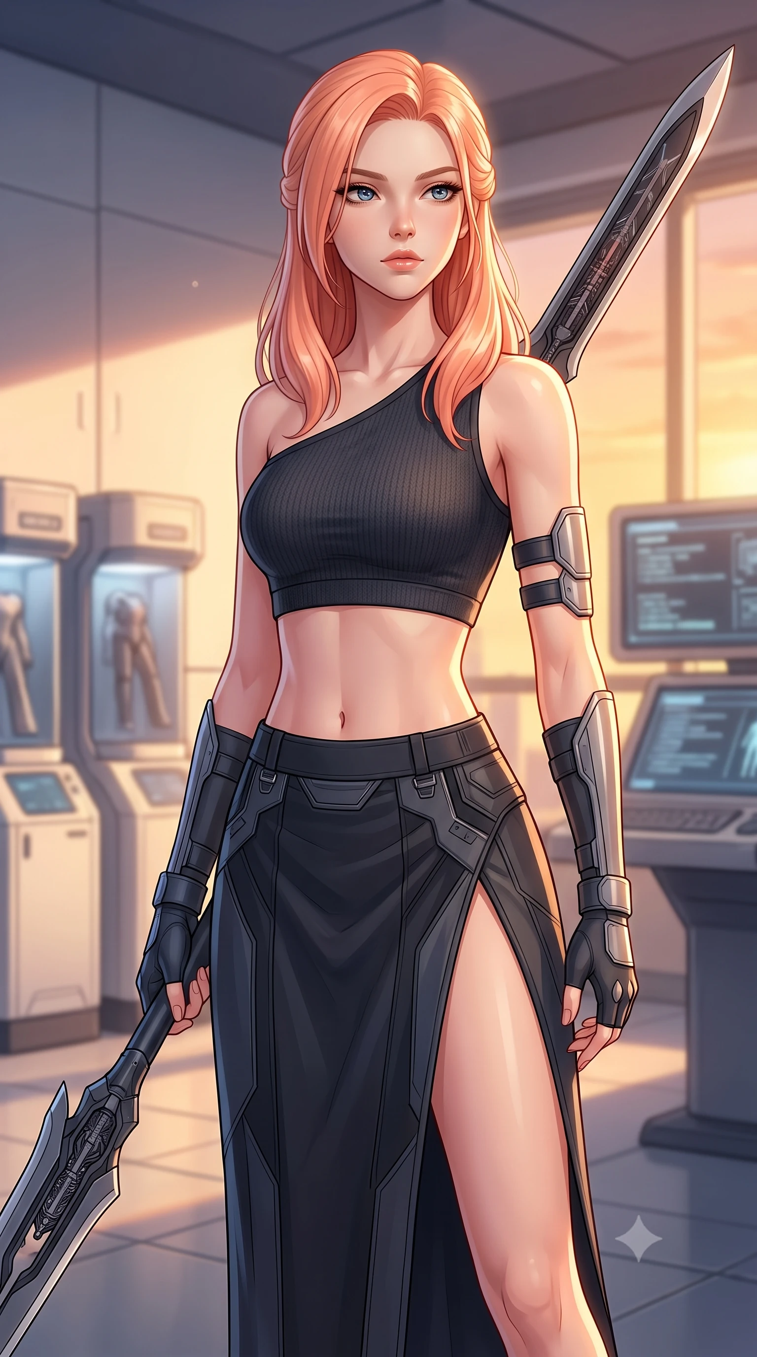 score_9, masterpiece, best quality, ultra-detailed, high-budget anime keyframe, editorial fashion photography, tasteful artistic composition, Japanese woman. close-up cowboy shot from the waist and thighs up, the character dominates the composition, filling the frame with her large presence, background elements kept in soft focus. holding a deactivated nanotech glaive, looking past the camera with quiet, sharp focus and a composed expression, the background shows a soft-focus a private research balcony in a replicator facility at sunset. She has an exceptionally elegant, slender, and willowy female figure with an ultra-slim waist, a gracefully sculpted slender torso, and a refined silhouette. sharp v-shaped jawline, high-bridge nose, intricate jewel-like eyes with depth, thick eyelashes, glossy lips with a natural sheen. wearing a form-contouring asymmetric one-shoulder crop top in carbon knit, paired with a high-slit combat skirt. late afternoon sun casting a majestic golden glow over the clean composite walls. highly saturated vibrant anime colors, detailed shading with soft gradients, rich glossy textures, high-contrast stereoscopic depth, volumetric dynamic lighting, master piece, 9:16 ratio