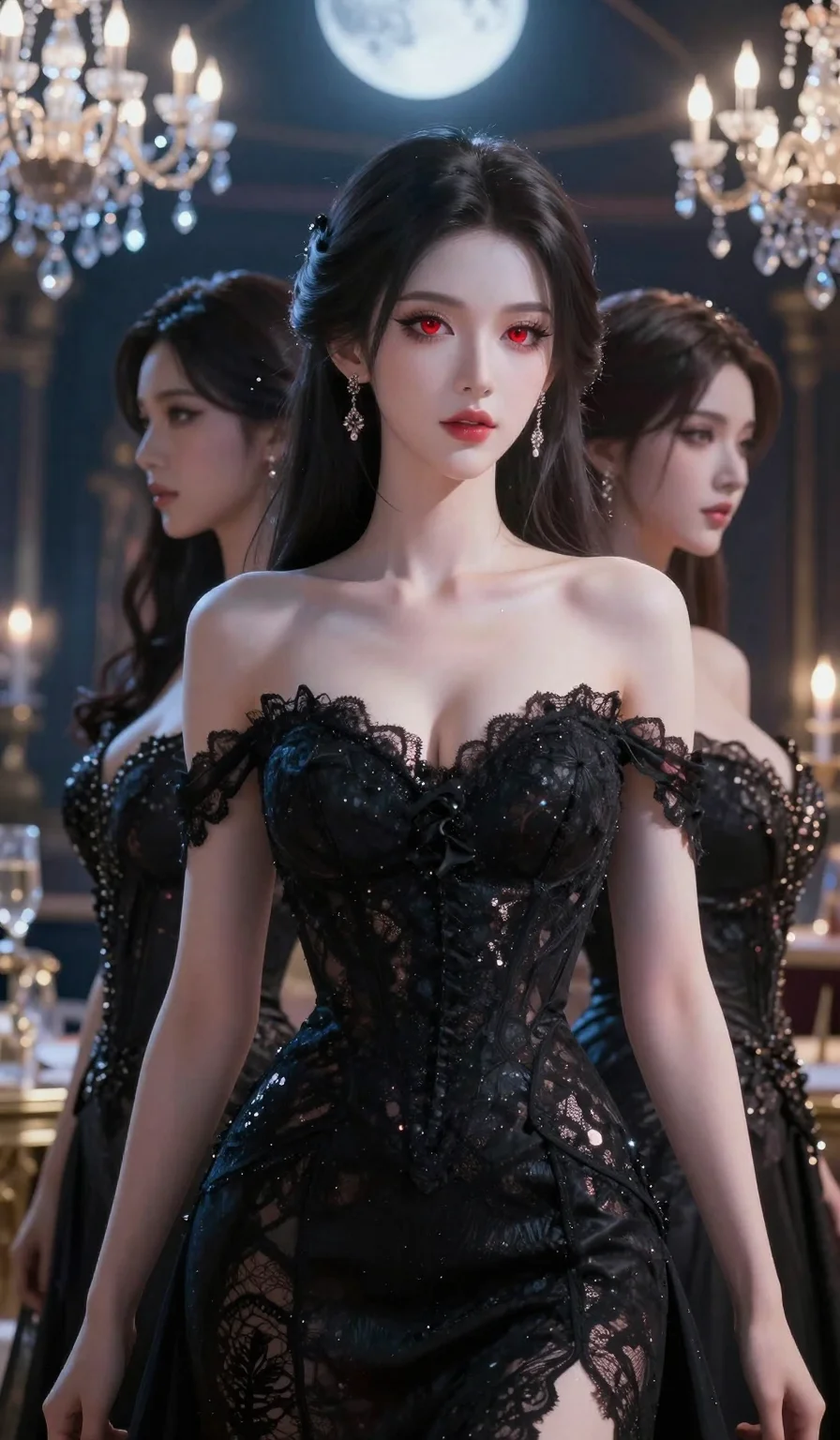 score_9, masterpiece, best quality, ultra-detailed, semi-realistic high-budget anime keyframe, an incredibly beautiful Korean woman. Medium shot of upper body focusing on her alluring features. She is a high-society vampire queen in a moonlit ballroom. She has an absolutely perfect 8-heads proportion, a towering and slender female figure. Her face is a masterpiece with porcelain skin and ruby eyes. She is wearing a high-cut black lace gown, highlighting her alluring silhouette. Moonbeams and crystal chandeliers, radiant glowing skin, dramatic rim lighting, 2k, ultra detail, master piece, 9:16 ratio
