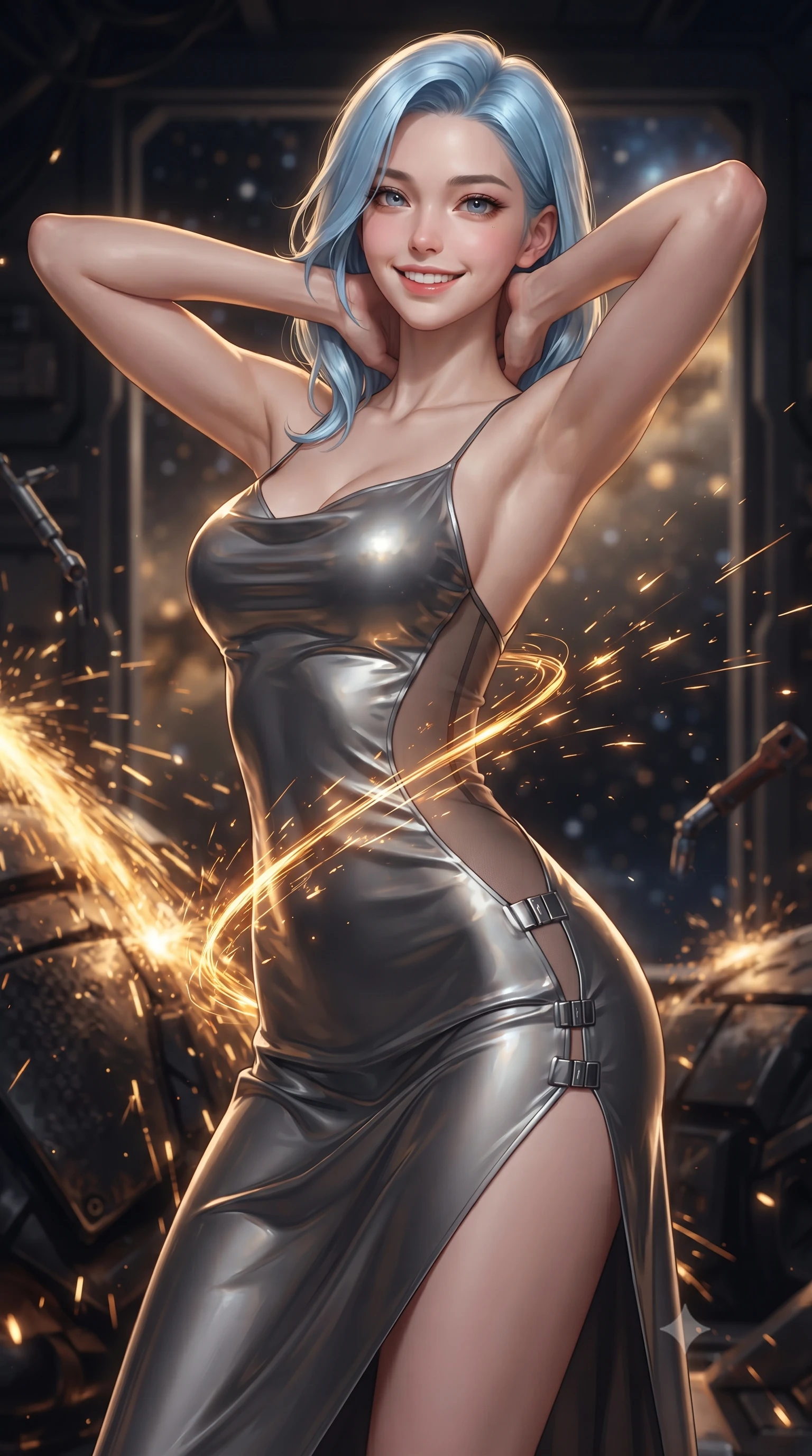 score_9, masterpiece, best quality, ultra-detailed, high-budget anime keyframe, editorial fashion photography, tasteful artistic composition, Korean woman. close-up cowboy shot from the waist and thighs up, the character dominates the composition, filling the frame with her large presence. resting both hands lightly behind her neck with elbows raised, arching her spine to highlight her narrow waist, flat midriff, and breathtaking collarbones while twisting her slender torso in an alluring contrapposto stance, cascades of welding sparks painting dynamic molten gold light ribbons across her narrow waist and hips. The background shows a soft-focus cascades of golden welding sparks bouncing off dark starship armor, floating zero-g tools, and open hangar doors revealing distant star nebulae blurred into gold, copper, and sapphire bokeh. She has an exceptionally elegant, slender, and willowy female figure with an ultra-slim waist, flat toned midriff, narrow ribcage, and sculpted feminine hips creating an alluring, slim hourglass silhouette without bulk. sharp v-shaped jawline, high-bridge nose, intricate jewel-like sparkling eyes with depth, thick eyelashes, glossy parted lips with a natural peach sheen, bright cheerful beaming smile with an enchanting and coquettish sensual glint, exuding both youthful cute charm and seductive allure, flawlessly proportioned anatomical accuracy, strict slender model proportions, natural body alignment, perfectly sculpted long slender limbs, ultra-slim waistline, clean dynamic posture without body distortion. wearing a form-contouring gossamer silk chiffon combat slip dress with a hip-high slit and open cowl back clinging with dewy moisture in liquid mercury chrome and stealth charcoal, featuring strategic sheer-illusion tulle side panels framing her ribcage and hips, finished with sleek magnetic buckle closures fluttering in the breeze, the bespoke structured tailoring following the natural line of her 8.5-heads silhouette with refined elegance. bathed in high-contrast golden welding arcs contrasted with deep obsidian shadow gradients and starlight. ultra-reflective glossy finish, specular highlights, rich textural contrasts, high-contrast stereoscopic depth, volumetric dynamic lighting, 2k, ultra detail, master piece, 9:16 ratio
