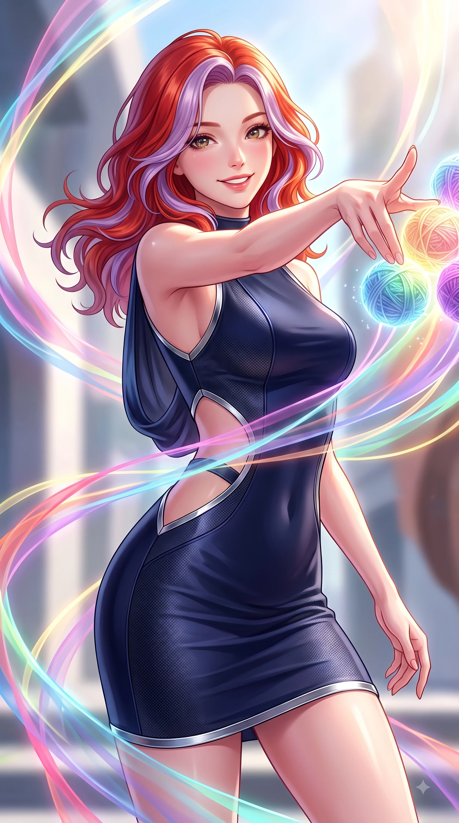 score_9, masterpiece, best quality, ultra-detailed, high-budget anime keyframe, editorial fashion photography, tasteful artistic composition, Caucasian woman. close-up cowboy shot from the waist and thighs up, the character dominates the composition, filling the frame with her large presence, background elements kept in soft focus. Enchanting happy smile, her eyes twinkling like jewels in the bright sunlight as one arm reaches out playfully while reaching forward with a cheerful arm stretch to touch a cluster of glowing yarn spheres, translucent silk ribbons swirling around her figure like bright streams. She has an exceptionally elegant, slender, and willowy female figure with an ultra-slim waist, a gracefully sculpted slender torso, and a refined silhouette. sharp v-shaped jawline, high-bridge nose, intricate jewel-like eyes with depth, thick eyelashes, glossy lips with a natural sheen, flawlessly proportioned anatomical accuracy, natural body alignment, perfectly sculpted elegant limbs, clean dynamic posture without body distortion. wearing a precision-fitted liquid jersey bodycon dress with a graceful draped back in midnight navy blue and chrome trim, made of fine carbon-fiber weave and soft matte leather, featuring subtle geometric cutouts that highlight her ultra-slim midriff, the sleek second-skin texture accentuating her magnetic presence. illuminated by the brilliant glow of rainbow luminescent plasma threads. highly saturated vibrant anime colors, detailed shading with soft gradients, rich glossy textures, high-contrast stereoscopic depth, volumetric dynamic lighting, master piece, 9:16 ratio