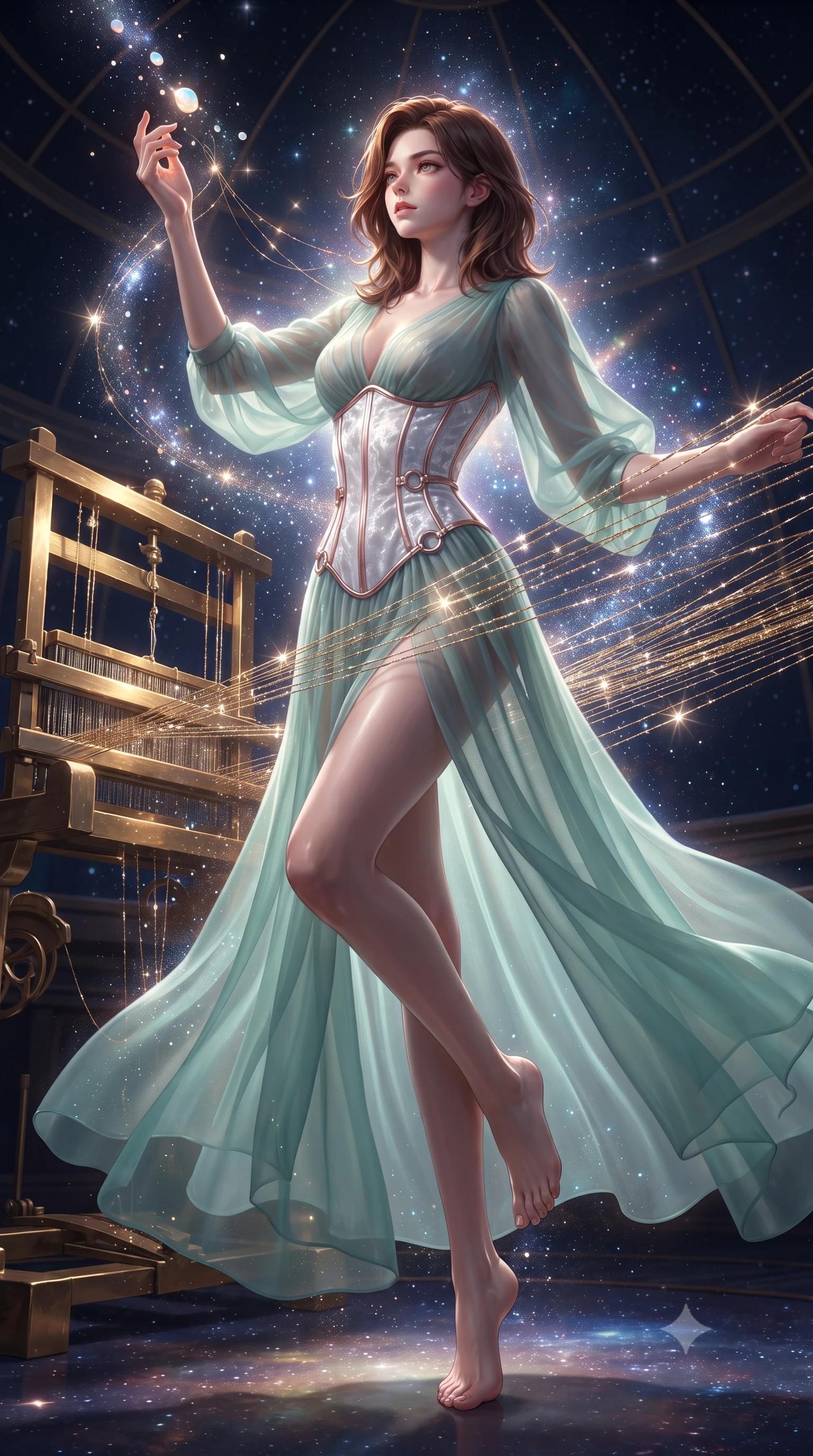 score_9, masterpiece, best quality, ultra-detailed, high-budget anime keyframe, editorial fashion photography, tasteful artistic composition, Korean woman. low angle full-body shot from head to toe showing her feet, filling the entire 9:16 vertical frame with her statuesque presence, stretching her vertical silhouette. interacting with floating opal particles, her long slender legs poised in motion, inside a floating cosmic observatory threading brilliant starlight threads through a golden celestial loom, metallic golden thread lines glittering with sharp specular highlights. She has an absolutely perfect, statuesque 8.5-heads proportion, an exceptionally tall and slender model-like female figure with impossibly long slender legs and an ultra-slim waist. sharp v-shaped jawline, high-bridge nose, intricate jewel-like eyes with depth, thick eyelashes, glossy lips with a natural sheen. wearing semi-opaque sheer seafoam chiffon gown revealing structured corset silhouette in metallic silver, made of crushed white silk velvet, trimmed with rose-gold ring hardware along the waist contours, the fitted fabric emphasizing her ultra-slim waist. surrounded by a glowing aura of starlight and shimmering celestial dust. ultra-reflective glossy finish, specular highlights, metallic sheen, high-contrast stereoscopic depth, volumetric dynamic lighting, 2k, ultra detail, master piece, 9:16 ratio