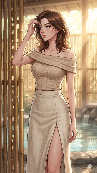 score_9, masterpiece, best quality, ultra-detailed, high-budget anime keyframe, editorial fashion photography, tasteful artistic composition, Korean woman. cowboy shot from the thighs up, character and outfit filling the frame for maximum editorial p