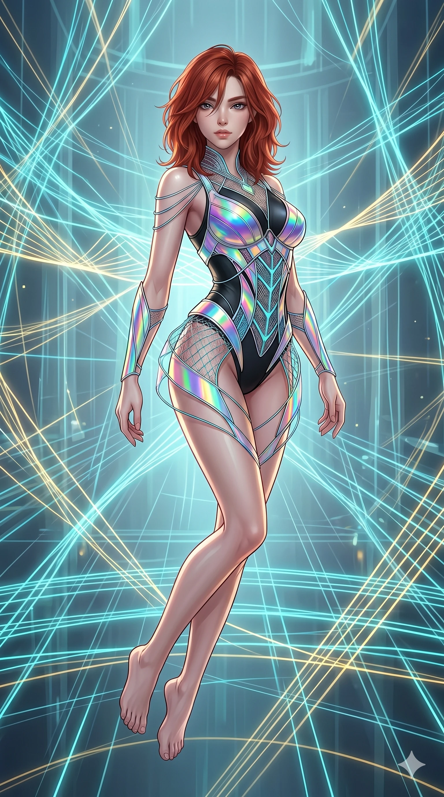 score_9, masterpiece, best quality, ultra-detailed, high-budget anime keyframe, Korean woman. upper body close-up from the thighs up, character filling the screen for maximum presence. floating suspended in an ethereal loom room where millions of luminescent cyan and gold threads intersect and weave geometric patterns. She has an absolutely perfect 8-heads proportion, an exceptionally tall and slender female figure with impossibly long slender legs and an ultra-slim waist. V-shaped jawline, high-bridge nose, intricate jewel-like eyes with depth, thick eyelashes, glossy lips with a natural sheen.. wearing a holographic ribbon shell armor, featuring thin iridescent plates linked by wire straps over a sleek contouring base. lit by a soft glowing ambient light and a sharp side key light that traces the sleek contours of her athletic build. 2k, ultra detail, master piece, 9:16 ratio