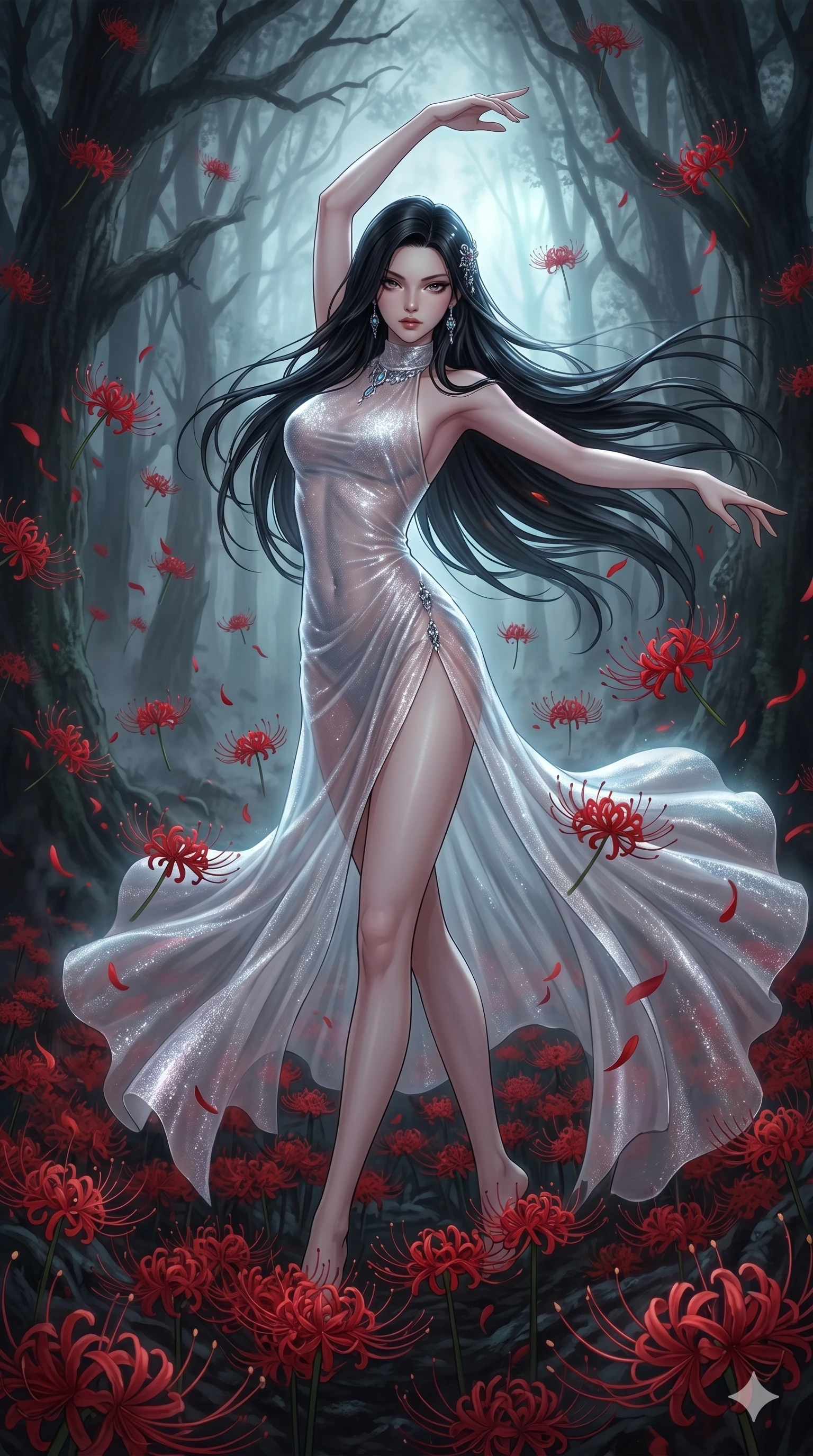 score_9, masterpiece, best quality, ultra-detailed, High-budget Anime Keyframe, East Asian woman. Low angle cowboy shot filling the entire 9:16 frame with her statuesque presence. Scenario 55: Dancing amidst falling red spider lilies in a misty dark forest. Her presence is magnetic and overpowering in this high-budget anime scene. Outfit 55: A shimmering chiffon bare with a thigh-high slit and tight-fitting silhouette. The clothing is designed to emphasize her exceptionally tall and slender 8-heads proportion. 8-heads proportion, towering silhouette, ultra-slim waist. sharp v-shaped jawline, intricate jewel-like eyes with depth, thick eyelashes, glossy lips. 2k, ultra detail, master piece, 9:16 ratio
