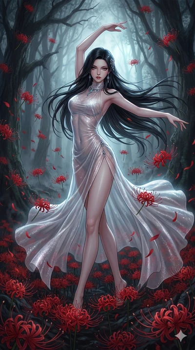 score_9, masterpiece, best quality, ultra-detailed, High-budget Anime Keyframe, East Asian woman. Low angle cowboy shot filling the entire 9:16 frame with her statuesque presence. Scenario 55: Dancing amidst falling red spider lilies in a misty dark 