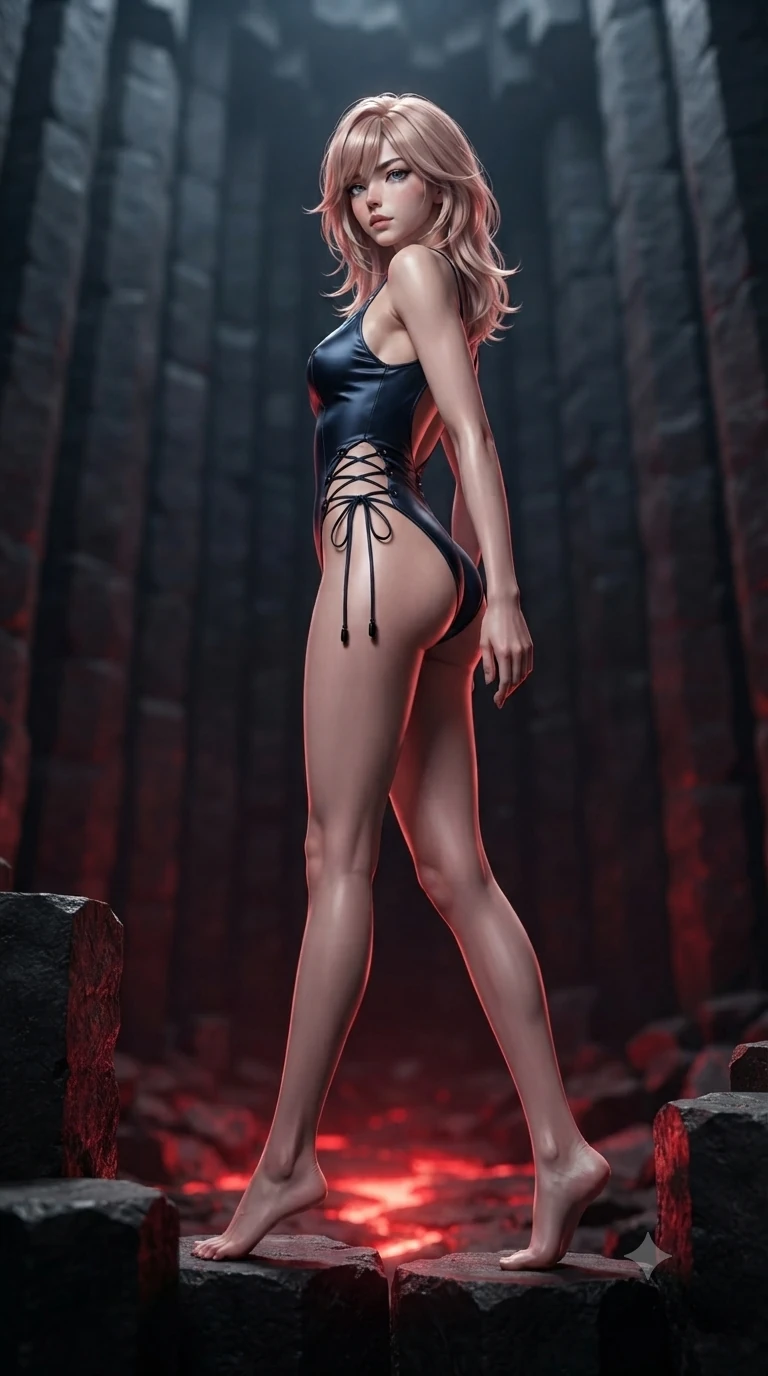 score_9, masterpiece, best quality, ultra-detailed, high-budget anime keyframe, editorial fashion photography, tasteful artistic composition, Japanese woman. low angle full-body shot from head to toe showing her feet, filling the entire 9:16 vertical frame with her statuesque presence, stretching her vertical silhouette. executing a slow, elegant turn as her liquid gown flutters around her slender legs, glancing over her shoulder with an intoxicating bedroom-gaze while stepping down from column to column with feline poise, her long slender legs and curvy hips commanding the volcanic geometry. The background shows a soft-focus soaring vertical hexagonal basalt columns, dramatic subterranean chasms, and crimson floor light fissures blurred into ruby, charcoal, and black bokeh. She has an absolutely perfect, statuesque 8.5-heads proportion, an exceptionally tall and slender model-like female figure with impossibly long slender legs, an ultra-slim waist, a flat toned midriff, narrow delicate ribcage, and beautifully sculpted feminine hips creating a graceful, slim hourglass silhouette without any bulky heaviness. sharp v-shaped jawline, high-bridge nose, intricate jewel-like dark sparkling eyes with hypnotic seductive depth, thick curled eyelashes, glossy parted lips with a natural wine sheen, alluring bedroom-eyes with an enigmatic smoldering smile, exuding magnetic sovereign charisma and dark avant-garde glamour, flawlessly proportioned anatomical accuracy, strict slender model proportions, natural body alignment, perfectly sculpted long slender limbs, ultra-slim waistline, clean dynamic posture without body distortion. wearing a low-slung cutaway leather bodysuit with bare hip flanks and criss-cross cord ties in midnight navy blue and smoky pitch black, tailored from smooth liquid silk satin that clings smoothly to her narrow waist and rounded hips with a dewy sheen, adorned with minimalist black onyx hardware framing the silhouette, the glove-like silhouette tightly following the natural contour of her hips and long slender legs with youthful 8.5-heads elegance. illuminated by volcanic stone bounce and sharp scarlet-amber rim lights defining her razor-sharp jawline, narrow waist, and curvy hips. ultra-reflective glossy finish, specular highlights, metallic sheen, high-contrast stereoscopic depth, volumetric dynamic lighting, 2k, ultra detail, master piece, 9:16 ratio