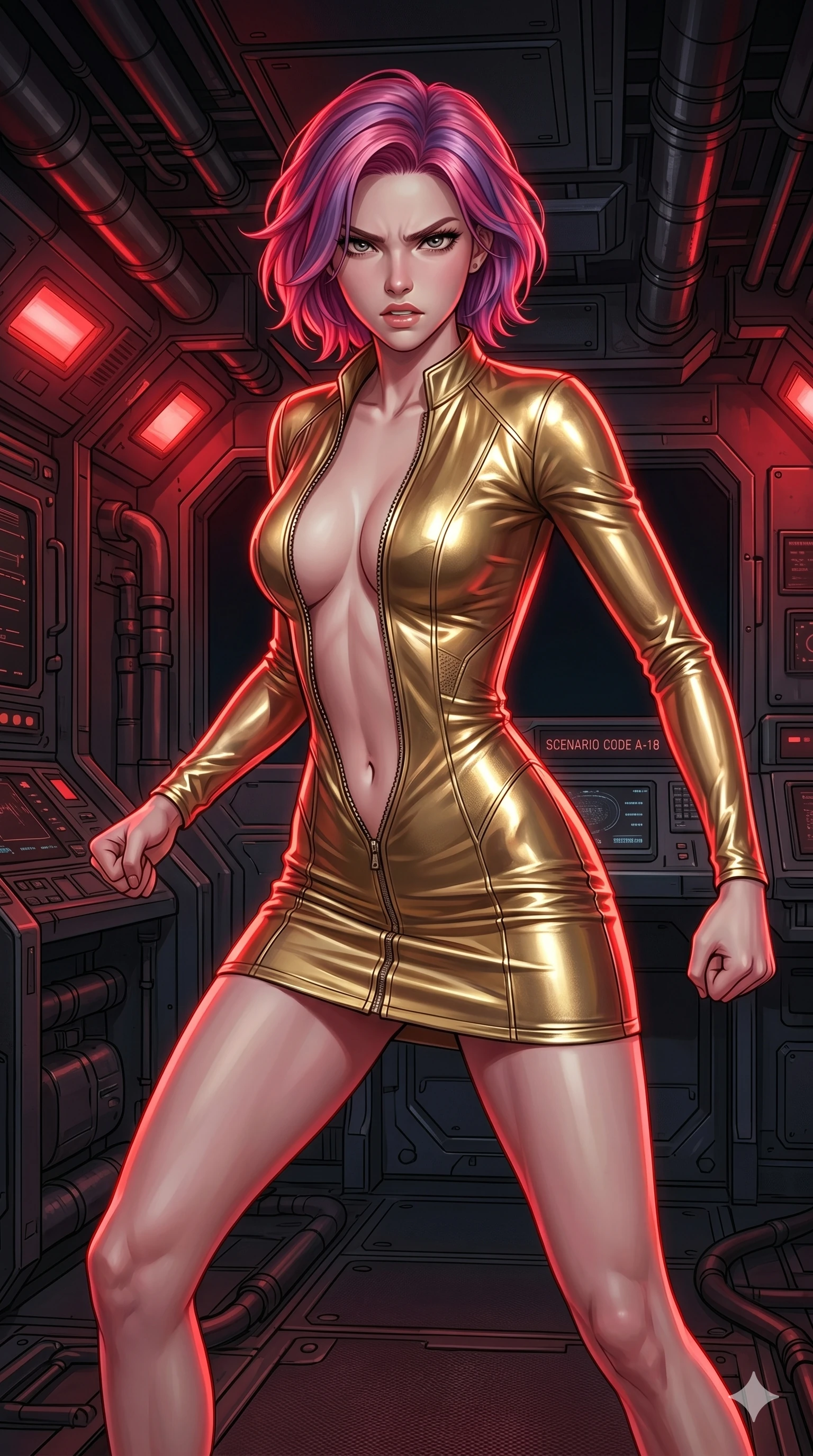 score_9, masterpiece, best quality, ultra-detailed, high-budget anime keyframe, editorial fashion photography, tasteful artistic composition, Caucasian woman, strictly human ears. cowboy shot from the thighs up, character and outfit filling the frame for maximum editorial presence. clenching her jaw with venomous indignation, her posture aggressive and tensed to strike on the deck of a military space vessel as warning lights flash intensely (Scenario Code A-18). She has an absolutely perfect 8-heads proportion, an exceptionally tall and slender female figure with impossibly long slender legs and an ultra-slim waist. V-shaped jawline, high-bridge nose, intricate jewel-like eyes with depth, thick eyelashes, glossy lips with a natural sheen. wearing a wet-look metallic gold mini-dress unzipped deeply to reveal her delicately sculpted midriff. lit by a deep crimson warning light that wraps her silhouette in a red rim light. 2k, ultra detail, master piece, 9:16 ratio