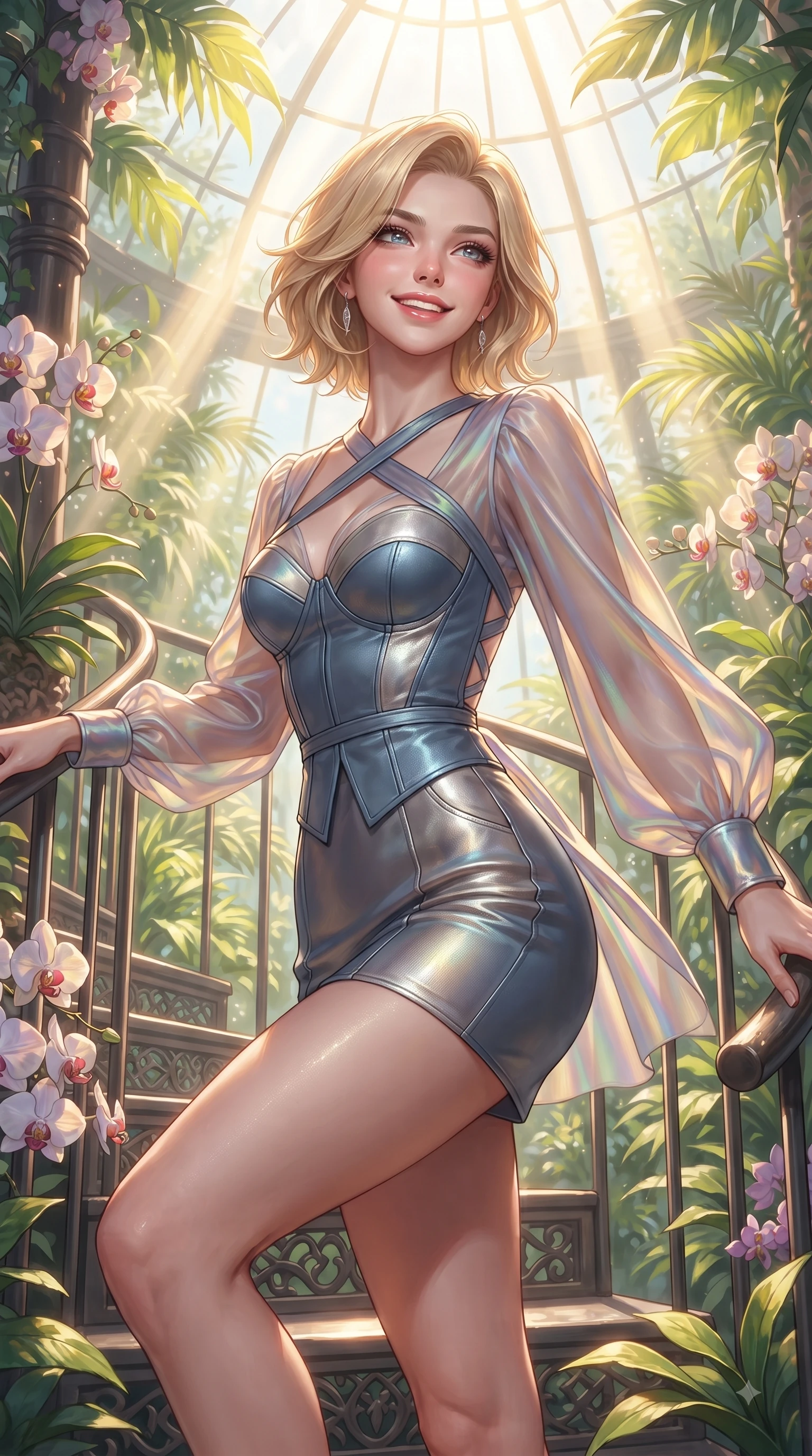 score_9, masterpiece, best quality, ultra-detailed, high-budget anime keyframe, editorial fashion photography, tasteful artistic composition, Caucasian woman. close-up cowboy shot from the waist and thighs up, the character dominates the composition, filling the frame with her large presence, background elements kept in soft focus. Tilting her chin up with a sweet beaming smile of pure delight while balancing dynamically amidst the scene while ascending a spiral iron staircase enveloped by sunlit tropical foliage and exotic orchids, intense volumetric sunbeams penetrating glass dome panes in bright golden rays. She has an exceptionally elegant, slender, and willowy female figure with an ultra-slim waist, a gracefully sculpted slender torso, and a refined silhouette. sharp v-shaped jawline, high-bridge nose, intricate jewel-like eyes with depth, thick eyelashes, glossy lips with a natural sheen, flawlessly proportioned anatomical accuracy, natural body alignment, perfectly sculpted elegant limbs, clean dynamic posture without body distortion. wearing a tailored leather bustier over a sheer silk chiffon blouse in slate blue and metallic silver, crafted from iridescent chiffon that shifts colors in the light, complemented by criss-cross back straps highlighting her bare shoulders, the elegant draped fit framing her graceful clavicle and slender torso. surrounded by a bright, airy, and refreshing tropical garden atmosphere. ultra-reflective glossy finish, specular highlights, metallic sheen, high-contrast stereoscopic depth, volumetric dynamic lighting, 2k, ultra detail, master piece, 9:16 ratio
