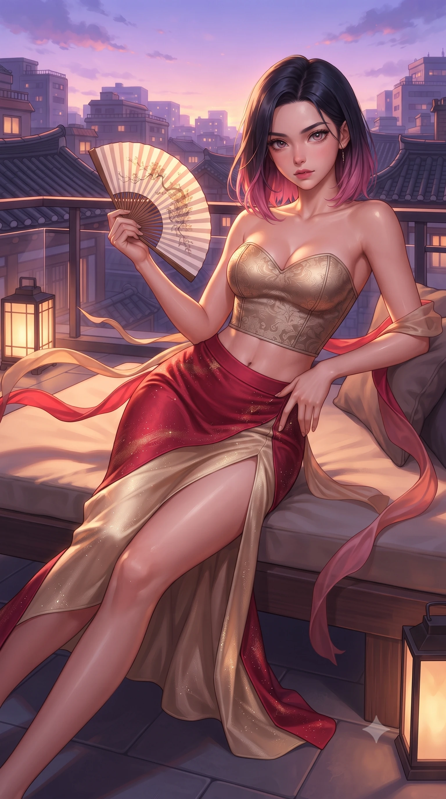 score_9, masterpiece, best quality, ultra-detailed, high-budget anime keyframe, editorial fashion photography, tasteful artistic composition, Korean woman. close-up cowboy shot from the waist and thighs up, the character dominates the composition, filling the frame with her large presence. twisting her slender torso in an alluring contrapposto stance, one hand resting on her sculpted hip while holding a traditional silk folding fan with effortless poise while lounging on an outdoor low wooden daybed propped on one elbow with one knee bent, her flat midriff and hourglass curves radiant in twilight glow. The surrounding environment is rendered in vivid detail and crisp panoramic clarity: detailed fusion silk texture, golden hour reflections on skin, and contemporary Korean architecture in razor-sharp precision. She has an exceptionally elegant, slender, and willowy female figure with an ultra-slim waist, flat toned midriff, narrow ribcage, and sculpted feminine hips creating an alluring, slim hourglass silhouette without bulk. sharp v-shaped jawline, high-bridge nose, intricate jewel-like dark sparkling almond eyes with depth, thick lashes, glossy parted lips with a natural rose-plum sheen, bright alluring and coquettish smile with bedroom-eyes, exuding both timeless oriental elegance and sovereign high-fashion allure, flawlessly proportioned anatomical accuracy, strict slender model proportions, natural body alignment, perfectly sculpted long slender limbs, ultra-slim waistline, clean dynamic posture without body distortion. wearing a sweetheart-neckline oriental jacquard bustier top paired with a curve-hugging high-slit mermaid maxi skirt in royal crimson red and lustrous champagne gold, woven from metallic gold and silver thread casting subtle starlight glints, accented with flowing gossamer silk ribbons that flutter dynamically in the evening breeze, the form-fitting tailored bodice adhering flawlessly to her sculpted flat midriff and slender torso, emphasizing her long leg lines and perfectly proportioned willowy build. bathed in glowing violet and rose-gold twilight sky radiance contrasting with warm rooftop lanterns. ultra-reflective glossy finish, specular highlights, rich textural contrasts, high-contrast stereoscopic depth, volumetric dynamic lighting, 2k, ultra detail, master piece, 9:16 ratio