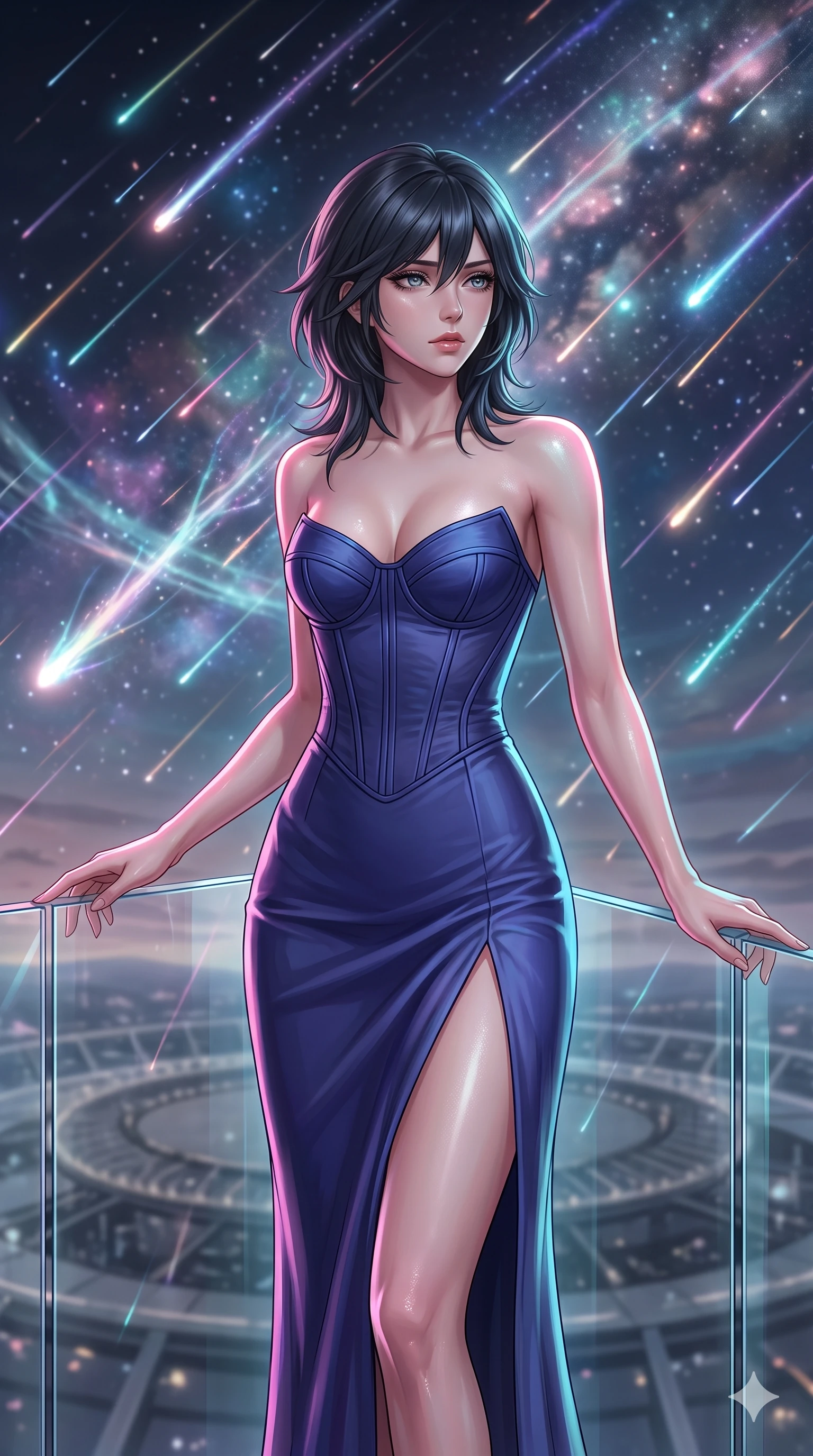 score_9, masterpiece, best quality, ultra-detailed, high-budget anime keyframe, editorial fashion photography, tasteful artistic composition, Caucasian woman, strictly human ears. close-up cowboy shot from the waist and thighs up, the character dominates the composition, filling the frame with her large presence, background elements kept in soft focus. Gazing into the distance with a wistful melancholic expression and softly glowing eyes. set against a soft-focus background of a transparent observation deck during the most spectacular meteor shower in a millennium thousands of bright streaks crossing the sky in every direction some leaving persistent glowing trails of ionized gas. She has an exceptionally elegant and slender, willowy female figure with an ultra-slim waist, a gracefully sculpted slender torso, and a refined slim physique. sharp v-shaped jawline, high-bridge nose, intricate jewel-like eyes with depth, thick eyelashes, glossy lips with a natural sheen. wearing a structured bustier gown in deep indigo blue, featuring a boned bodice, a daring high front slit, and an open back. starlight and nebula glow casting soft cosmic pink and cyan highlights on her form. 2k, ultra detail, master piece, 9:16 ratio