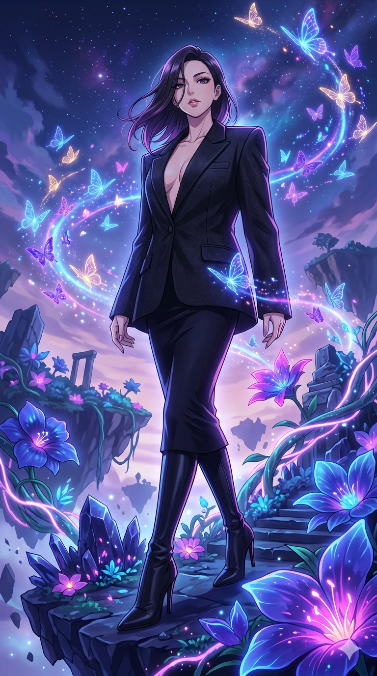 score_9, masterpiece, best quality, ultra-detailed, High-budget Anime Keyframe, vibrant colors, fluid line-art, expressive lighting, cinematic composition, Ufotable-style visual effects, top-tier animation quality, Japanese woman with delicate and elegant anime-inspired features. Dynamic full-body shot stretching the vertical silhouette, capturing her from a powerful low-angle perspective. Surrounded by a swarm of digital butterflies that leave trails of neon dust. She has an absolutely perfect 8-heads proportion, an exceptionally tall and slender female figure with impossibly long slender legs and an ultra-slim waist, her statuesque height and towering silhouette dominating the vertical 9:16 frame. Her face is a masterpiece featuring a sharp v-shaped jawline, high-bridge nose, intricate jewel-like eyes with depth, thick eyelashes, and glossy lips with a natural sheen. She is wearing a Sharp-shouldered oversized blazer with nothing underneath, paired with a tight pencil skirt, deep plunging neckline, and pointed-toe heels.. The scene is set in a floating island covered in giant glowing flowers and vines of pure energy. 2k, ultra detail, master piece, 9:16 ratio