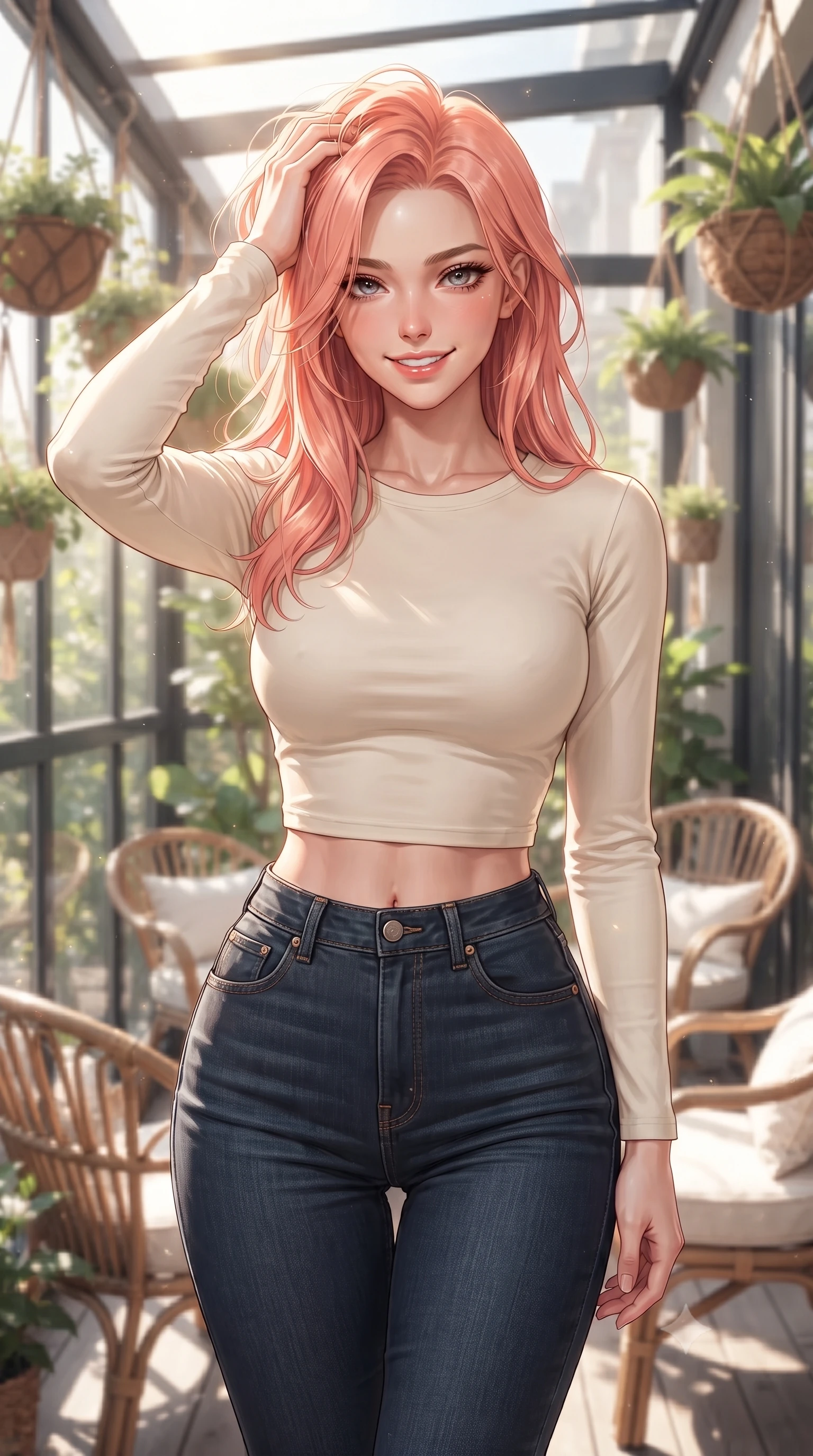 score_9, masterpiece, best quality, ultra-detailed, high-budget anime keyframe, editorial fashion photography, tasteful artistic composition, Japanese woman woman. close-up cowboy shot from the waist and thighs up, the character dominates the composition, filling the frame with her large presence, background elements kept in soft focus. smiling with quiet, magnetic self-assurance directly into the camera, running a hand through her hair the background shows a soft-focus a glass-walled balcony filled with hanging plant baskets and rattan chairs. She has an exceptionally elegant, slender, and willowy female figure with an ultra-slim waist, a gracefully sculpted slender torso, and a refined silhouette. sharp v-shaped jawline, high-bridge nose, intricate jewel-like eyes with depth, thick eyelashes, glossy lips with a natural sheen. wearing a slim-fit body-hugging long-sleeve crop top in cream cotton paired with high-waisted skinny jeans. bright afternoon sun rays illuminating the entire green space. ultra-reflective glossy finish, specular highlights, metallic sheen, high-contrast stereoscopic depth, volumetric dynamic lighting, 2k, ultra detail, master piece, 9:16 ratio