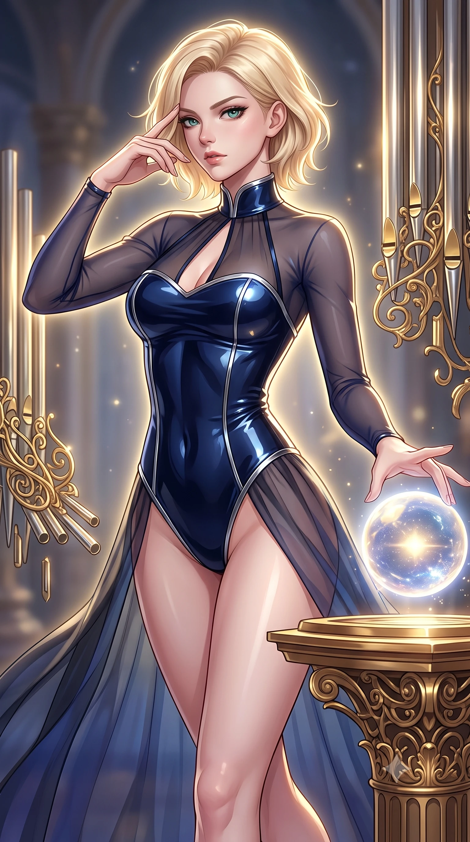score_9, masterpiece, best quality, ultra-detailed, high-budget anime keyframe, editorial fashion photography, tasteful artistic composition, Caucasian woman. close-up cowboy shot from the waist and thighs up, the character dominates the composition, filling the frame with her large presence, background elements kept in soft focus. Resting her fingers gracefully near her temple, casting a sharp mysterious side-gaze during her stride while reaching her hand toward a glowing celestial orb hovering over a golden altar, golden filigree organ pipes casting intricate metallic reflections in mid-air. She has an exceptionally elegant, slender, and willowy female figure with an ultra-slim waist, a gracefully sculpted slender torso, and a refined silhouette. sharp v-shaped jawline, high-bridge nose, intricate jewel-like eyes with depth, thick eyelashes, glossy lips with a natural sheen, flawlessly proportioned anatomical accuracy, natural body alignment, perfectly sculpted elegant limbs, clean dynamic posture without body distortion. wearing a semi-opaque sheer overlay dress over a leather micro-bodysuit in midnight navy blue and chrome trim, tailored from high-gloss patent leather, accented with a Tasteful chest slit framing her clavicle gracefully, the form-contouring material highlighting her ultra-slim waist and long lines. surrounded by a divine cosmic aura with bright golden specular rim lights. highly saturated vibrant anime colors, detailed shading with soft gradients, rich glossy textures, high-contrast stereoscopic depth, volumetric dynamic lighting, master piece, 9:16 ratio