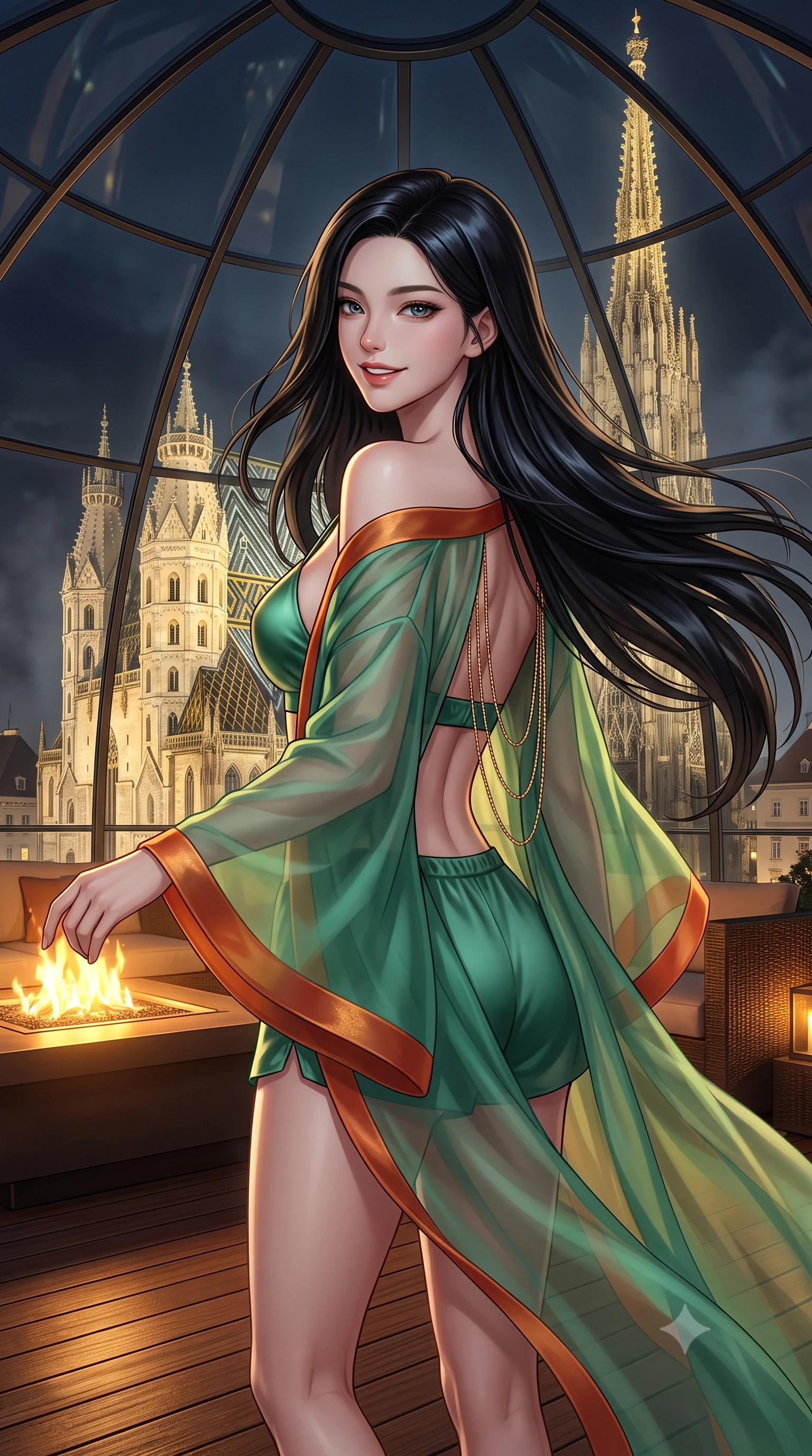 score_9, masterpiece, best quality, ultra-detailed, high-budget anime keyframe, semi-realistic 3D game render, editorial fashion photography, tasteful artistic composition, Korean woman. close-up cowboy shot from the waist and thighs up, the character dominates the composition, filling the frame with her large presence. turning slowly with an enchanting smoldering smile, her glossy hair tossing in the breeze as her hips angle gracefully in a captivating contrapposto while standing poised on the heated teak terrace beneath the panoramic glass dome, arching her lower back as the illuminated gothic spire of Stephansdom glows in midnight mist. The surrounding environment is rendered in vivid detail and crisp panoramic clarity: detailed garment drape, silhouette contours, and historic gothic cathedral stonework in high resolution. She has an exceptionally elegant, slender, and willowy female figure with an ultra-slim waist, flat toned midriff, narrow ribcage, and sculpted feminine hips creating an alluring, slim hourglass silhouette without bulk. sharp v-shaped jawline, high-bridge nose, intricate jewel-like sparkling eyes with depth, thick eyelashes, glossy parted lips with a natural peach sheen, bright cheerful beaming smile with an enchanting and coquettish sensual glint, exuding both youthful cute charm and seductive allure, flawlessly proportioned anatomical accuracy, strict slender model proportions, natural body alignment, perfectly sculpted long slender limbs, ultra-slim waistline, clean dynamic posture without body distortion. wearing a sheer silk organza modern caftan robe worn loose and slipping off bare shoulders over a matching satin bralette and micro-shorts in Tanjong Pagar Peranakan jade green and gilded vermilion, made of sheer gossamer chiffon that drapes softly against skin with airy translucence, accented with an open-back drape framed by falling strands of delicate gold chains, the second-skin tailored fabric adhering flawlessly to her sculpted flat midriff and slender torso, emphasizing her long leg lines and perfectly proportioned willowy build. bathed in the contrast of warm 2200K fire table hearth glow and cool midnight sky fill with golden cathedral floodlights. highly saturated vibrant anime colors, detailed shading with soft gradients, rich glossy textures, high-contrast stereoscopic depth, volumetric dynamic lighting, master piece, 9:16 ratio