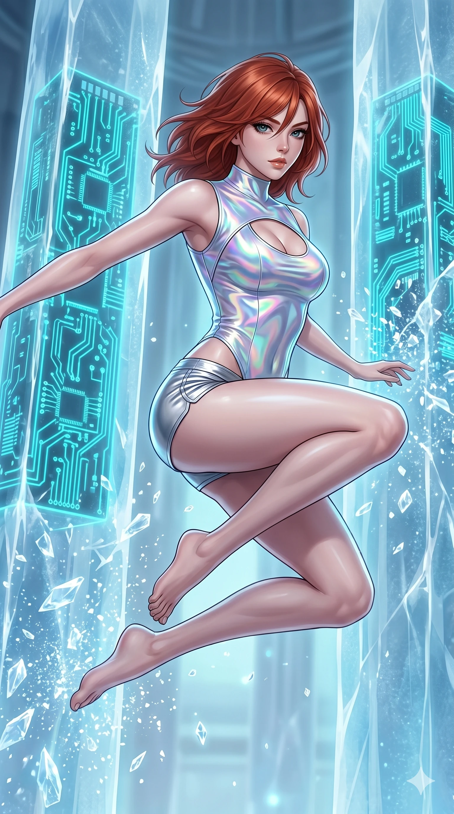score_9, masterpiece, best quality, ultra-detailed, high-budget anime keyframe, Korean woman. upper body close-up from the thighs up, character filling the screen for maximum presence. leaping inside a sub-zero cybernetic ice temple, where glowing neon cyan computer circuit boards are frozen within transparent ice pillars, fracturing ice crystals into sparkles around her. She has an absolutely perfect 8-heads proportion, an exceptionally tall and slender female figure with impossibly long slender legs and an ultra-slim waist. V-shaped jawline, high-bridge nose, intricate jewel-like eyes with depth, thick eyelashes, glossy lips with a natural sheen.. wearing a holographic liquid silk vest and silver metallic micro-shorts, featuring a keyhole cutout and form-fitting silhouette. lit by a soft glowing ambient light and a sharp side key light that traces the sleek contours of her athletic build. 2k, ultra detail, master piece, 9:16 ratio