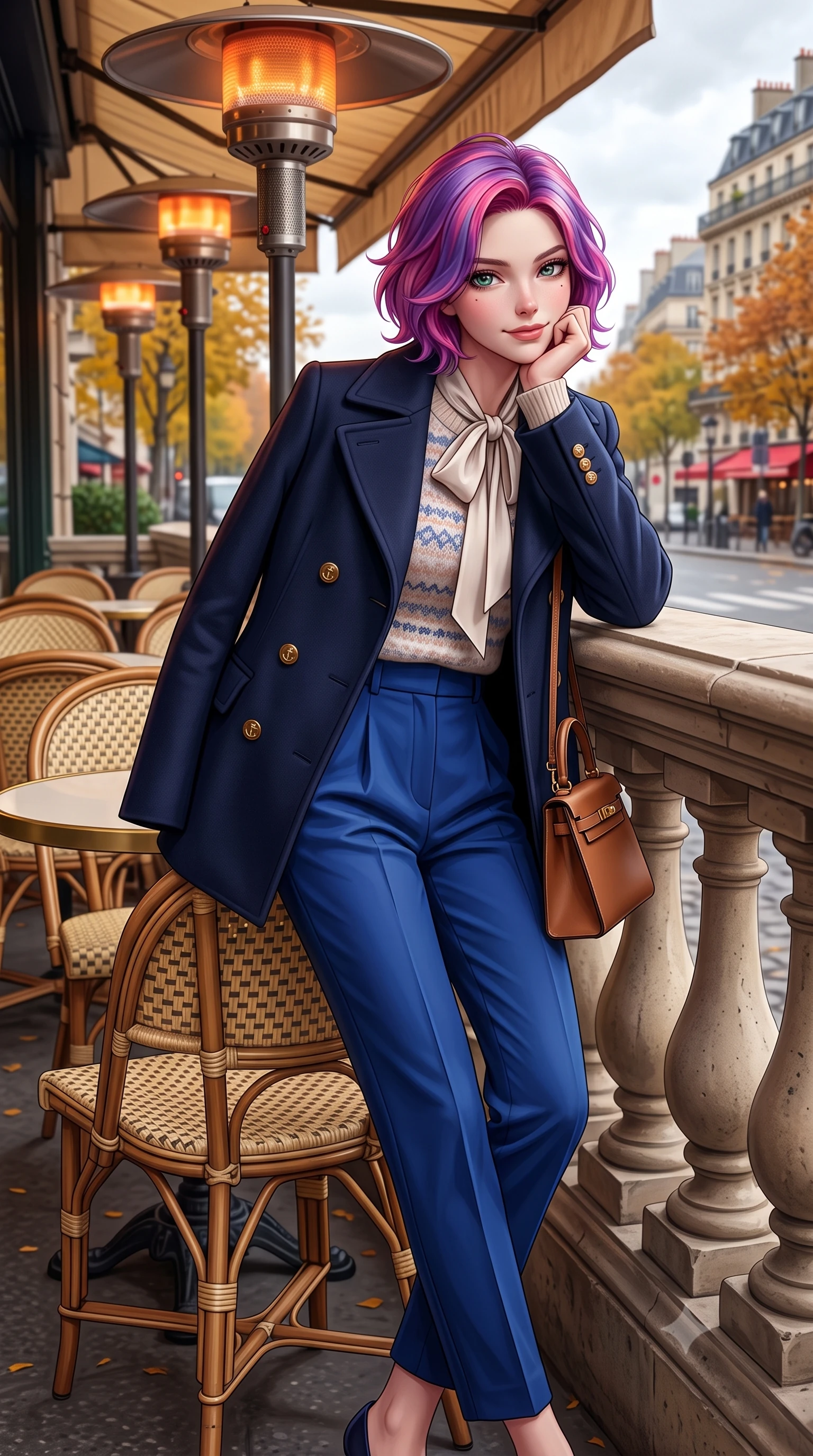 score_9, masterpiece, best quality, ultra-detailed, high-budget anime keyframe, semi-realistic 3D game render, editorial fashion photography, tasteful artistic composition, Caucasian woman. close-up cowboy shot from the waist and thighs up, the character dominates the composition, filling the frame with her large presence. resting one elbow on the stone balustrade, chin poised lightly on her hand with intelligent, charming warmth while leaning back slightly against the wicker rattan café chair, ankles crossed, enjoying the crisp autumn air with effortless chic. The surrounding environment is rendered in vivid detail and crisp panoramic clarity: detailed silk pussy-bow blouse drape, tailored A-line wool skirt pleats, and authentic Parisian street furniture in high resolution. She has an exceptionally elegant, slender, and willowy female figure with an ultra-slim waist, flat toned midriff, narrow ribcage, and sculpted feminine hips creating an alluring, slim hourglass silhouette without bulk. sharp v-shaped jawline, high-bridge nose, intricate jewel-like sparkling eyes with depth, thick eyelashes, glossy parted lips with a natural peach sheen, bright cheerful beaming smile with an enchanting and coquettish sensual glint, exuding both youthful cute charm and seductive allure, flawlessly proportioned anatomical accuracy, strict slender model proportions, natural body alignment, perfectly sculpted long slender limbs, ultra-slim waistline, clean dynamic posture without body distortion. wearing a navy tailored wool peacoat with anchor buttons layered over a soft merino wool sweater and pressed pleated slacks in royal sapphire blue and antique brushed bronze, woven from fine Australian merino wool with a smooth fluid drape and subtle sheen, finished with a structured leather top-handle mini bag resting gracefully at her side, the precision-cut high-waisted tailoring accentuating her ultra-slim waist and long slender leg line with immaculate aristocratic poise. bathed in soft overcast Parisian natural daylight warmed by glowing overhead outdoor patio heaters. highly saturated vibrant anime colors, detailed shading with soft gradients, rich glossy textures, high-contrast stereoscopic depth, volumetric dynamic lighting, master piece, 9:16 ratio