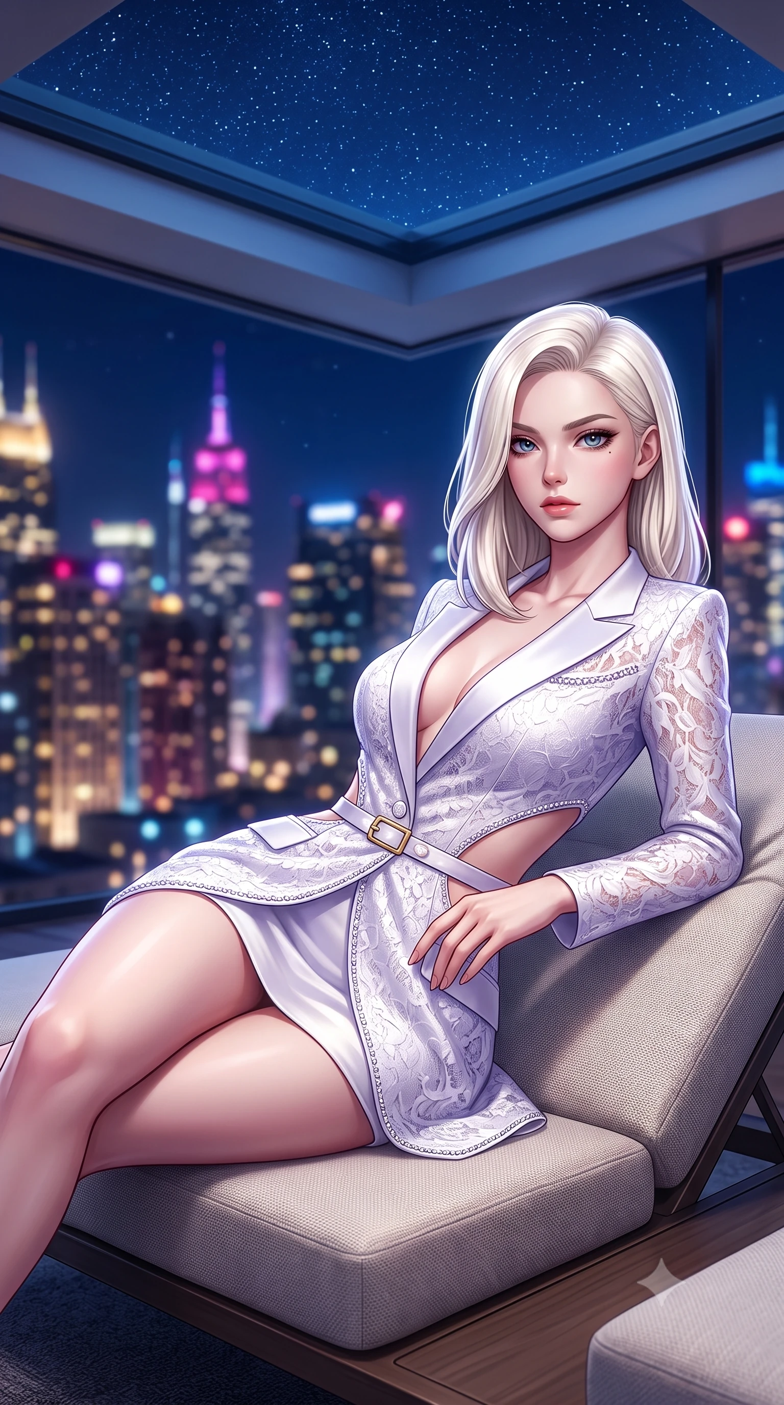 score_9, masterpiece, best quality, ultra-detailed, high-budget anime keyframe, semi-realistic 3D game render, editorial fashion photography, tasteful artistic composition, Caucasian woman. close-up cowboy shot from the waist and thighs up, the character dominates the composition, filling the frame with her large presence. holding her hands loosely in front with regal, aristocratic poise, radiating an overwhelming high-society aura while arching her spine in a relaxed yet alluring pose on a modern lounge daybed under starry penthouse skylights. The composition keeps background elements in soft focus with creamy bokeh. dazzling skyscraper metropolis light clusters and starry night skies blurred into deep sapphire, magenta, and gold bokeh. She has an exceptionally elegant, slender, and willowy female figure with an ultra-slim waist, a gracefully sculpted slender torso, toned flat midriff, and a refined slim silhouette. sharp v-shaped jawline, high-bridge nose, intricate jewel-like eyes with depth, thick eyelashes, glossy lips with a natural sheen, captivating and magnetic expression, flawlessly proportioned anatomical accuracy, strict slender model proportions, natural body alignment, perfectly sculpted long slender limbs, ultra-slim waistline, clean dynamic posture without body distortion. wearing a tailored royal white tuxedo jacket dress with silk satin lapels and a slim gold-buckle belt in pearlescent opal with soft violet luster, formed from shimmering French lace over smooth silk lining, finished with delicate crystal embroidery along the neckline and hem, the precision-cut daring openings accentuating her delicate midriff, graceful bare collarbones, and ultra-slim feminine waistline. surrounded by a cosmopolitan, elite, and intensely magnetic modern royalty aura. highly saturated vibrant anime colors, detailed shading with soft gradients, rich glossy textures, high-contrast stereoscopic depth, volumetric dynamic lighting, master piece, 9:16 ratio