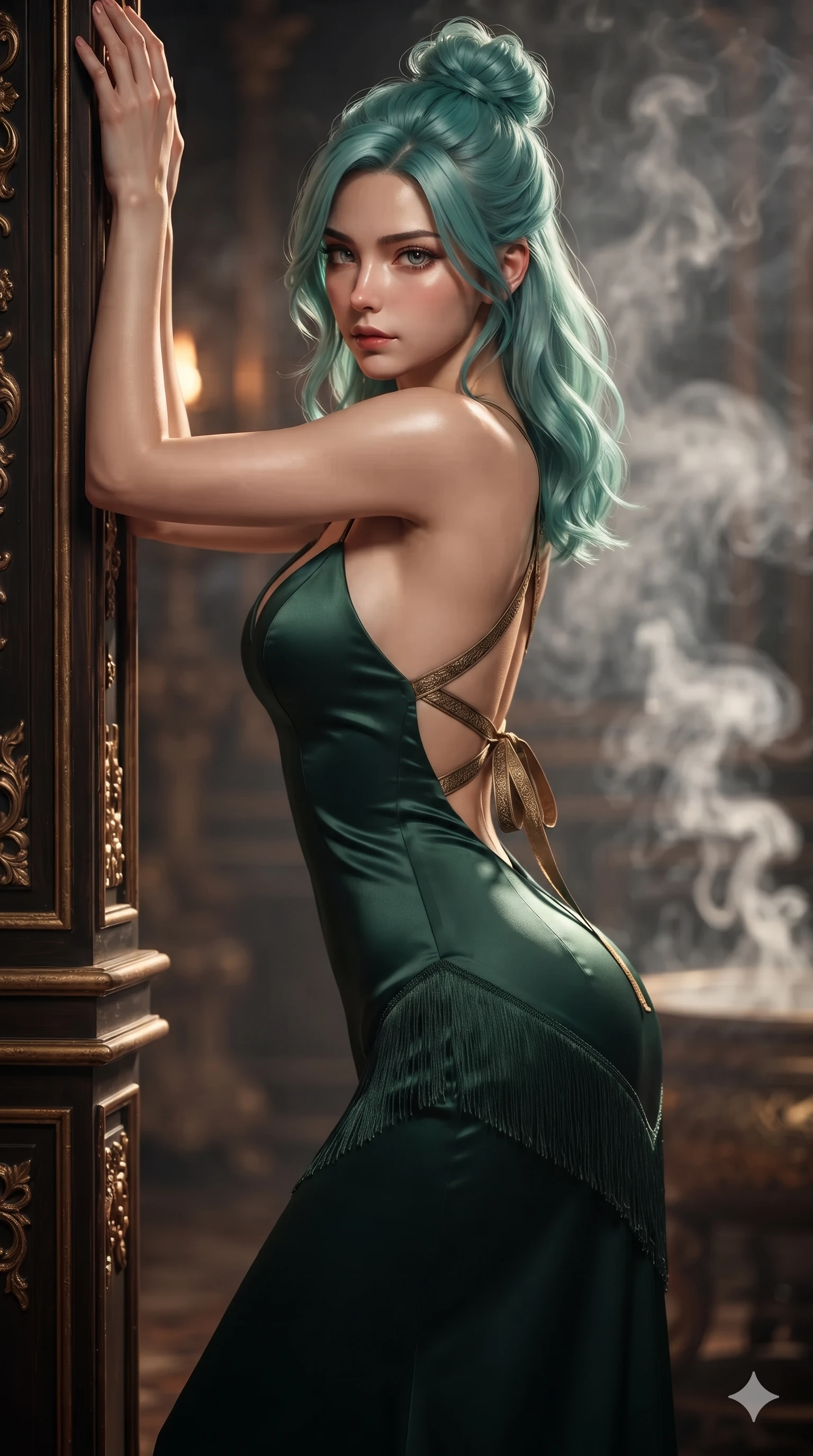 score_9, masterpiece, best quality, ultra-detailed, high-budget anime keyframe, editorial fashion photography, tasteful artistic composition, Japanese woman. close-up cowboy shot from the waist and thighs up, the character dominates the composition, filling the frame with her large presence. twisting her slender torso in a deep contrapposto stance, hips dramatically shifted to accentuate her feminine curves while looking past her shoulder with smoldering bedroom-eyes while leaning against the gilded wooden column with hips cocked back, looking through heavy-lidded bedroom-eyes with an intoxicating half-smile. The background shows a soft-focus private royal incense sanctum softened in mystical palace shallow focus. She has an exceptionally elegant, slender, and willowy female figure with an ultra-slim waist, flat toned midriff, narrow ribcage, and sculpted feminine hips creating an alluring, slim hourglass silhouette without bulk. sharp v-shaped jawline, high-bridge nose, sparkling eyes with hypnotic seductive depth, thick curled eyelashes, glossy parted lips with a natural dewy peach sheen, alluring bedroom-eyes with an enchanting coquettish smile, exuding magnetic siren charisma and sophisticated glamour, flawlessly proportioned anatomical accuracy, strict slender model proportions, natural body alignment, perfectly sculpted long slender limbs, ultra-slim waistline, clean dynamic posture without body distortion. wearing a slinky deep sweetheart-neckline silk slip gown with criss-cross back otgoreum ribbon ties in dark emerald forest and brushed antique gold, tailored from smooth liquid silk satin with a natural dewy moonlight sheen, finished with delicate silk fringe trim fluttering along her hip line with kinetic charm, the bespoke structured tailoring following the natural line of her 8.5-heads silhouette with refined elegance. bathed in warm 2200K bronze brazier glow cutting through atmospheric white incense smoke. ultra-reflective glossy finish, specular highlights, rich textural contrasts, high-contrast stereoscopic depth, volumetric dynamic lighting, 2k, ultra detail, master piece, 9:16 ratio