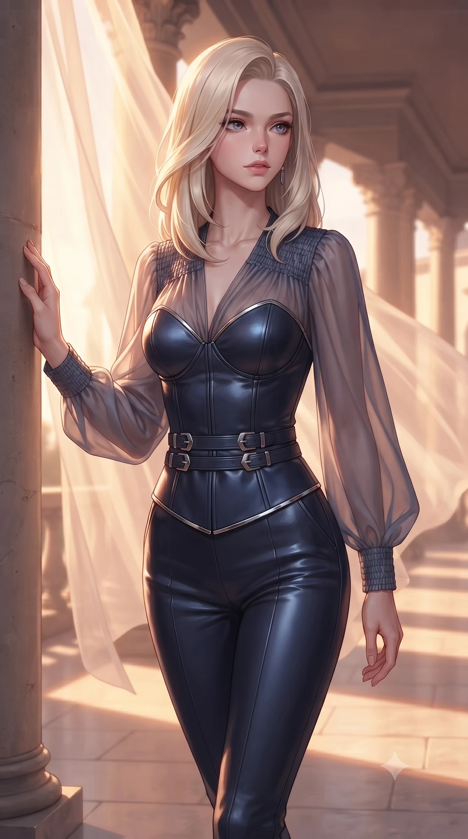 score_9, masterpiece, best quality, ultra-detailed, high-budget anime keyframe, editorial fashion photography, tasteful artistic composition, Caucasian woman. close-up cowboy shot from the waist and thighs up, the character dominates the composition, filling the frame with her large presence, background elements kept in soft focus. Gazing past the camera with an air of effortless elegance and mysterious confidence walking through an open-air colonnade with billowing silk gossamer curtains, translucent silk curtains drifting lazily in a warm sky breeze. She has an exceptionally elegant, slender, and willowy female figure with an ultra-slim waist, a gracefully sculpted slender torso, and a refined silhouette. sharp v-shaped jawline, high-bridge nose, intricate jewel-like eyes with depth, thick eyelashes, glossy lips with a natural sheen. wearing a tailored leather bustier over a sheer silk chiffon blouse in midnight navy blue and chrome trim, crafted from smooth liquid silk, detailed with polished silver buckles along the waistline, the elegant draped fit framing her graceful clavicle and slender torso. bathed in glorious golden hour sunbeams and warm rose-gold ambient light. ultra-reflective glossy finish, specular highlights, metallic sheen, high-contrast stereoscopic depth, volumetric dynamic lighting, 2k, ultra detail, master piece, 9:16 ratio