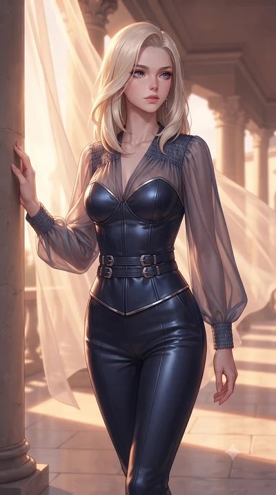 score_9, masterpiece, best quality, ultra-detailed, high-budget anime keyframe, editorial fashion photography, tasteful artistic composition, Caucasian woman. close-up cowboy shot from the waist and thighs up, the character dominates the composition,