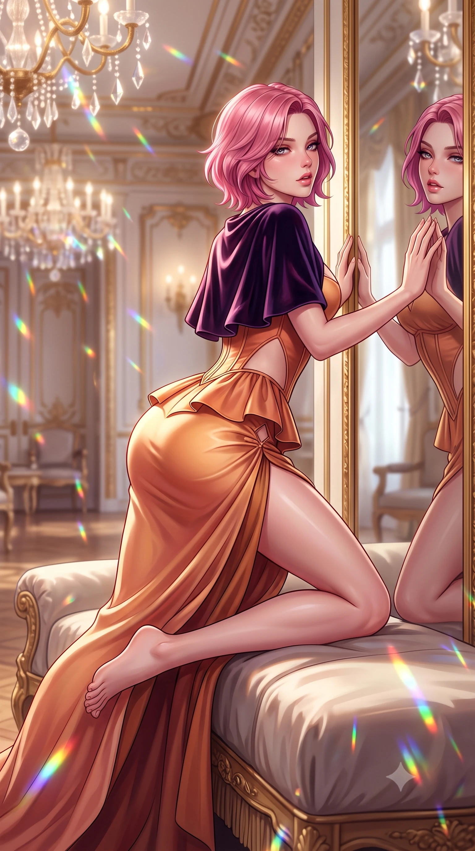 score_9, masterpiece, best quality, ultra-detailed, high-budget anime keyframe, semi-realistic 3D game render, editorial fashion photography, tasteful artistic composition, Caucasian woman. low angle full-body shot from head to toe showing her feet, filling the entire 9:16 vertical frame with her statuesque presence, stretching her vertical silhouette. reclining on her side in an elegant Cleopatra pose with one knee drawn up, the dramatic contour of her rounded hips and long slender legs commanding the 9:16 vertical frame while resting both hands against a colossal gilded mirror panel with lower back arched, glancing over her shoulder at her own reflection with parted glossy lips. The composition keeps background elements in soft focus with creamy bokeh. sparkling chandelier prism refractions scattering dancing rainbow light motes across the hall. She has an absolutely perfect, statuesque 8.5-heads proportion, an exceptionally tall and slender model-like female figure with impossibly long slender legs, a toned flat midriff, an ultra-slim waist, and beautifully sculpted feminine hips. sharp v-shaped jawline, high-bridge nose, intricate jewel-like eyes with depth, thick eyelashes, glossy parted lips with a natural sheen, intensely captivating and seductive bedroom-eyes expression, flawlessly proportioned anatomical accuracy, strict slender model proportions, natural body alignment, perfectly sculpted long slender limbs, ultra-slim waistline, clean dynamic posture without body distortion. wearing a modern Marie Antoinette peplum gown with side-waist diamond cutouts and hip-cinching boning in warm apricot silk and liquid bronze, tailored from fluid silk crepe with delicate inner corsetry boning, complemented by a plush silk velvet capelet draped loosely over her shoulders, the liquid-tight tailored fabric clinging flawlessly to her narrow waist and rounded feminine hips, emphasizing every millimeter of her sculpted hourglass curves during movement. surrounded by an aristocratic, scandalous, and breathlessly mesmerizing imperial duchess aura. highly saturated vibrant anime colors, detailed shading with soft gradients, rich glossy textures, high-contrast stereoscopic depth, volumetric dynamic lighting, master piece, 9:16 ratio