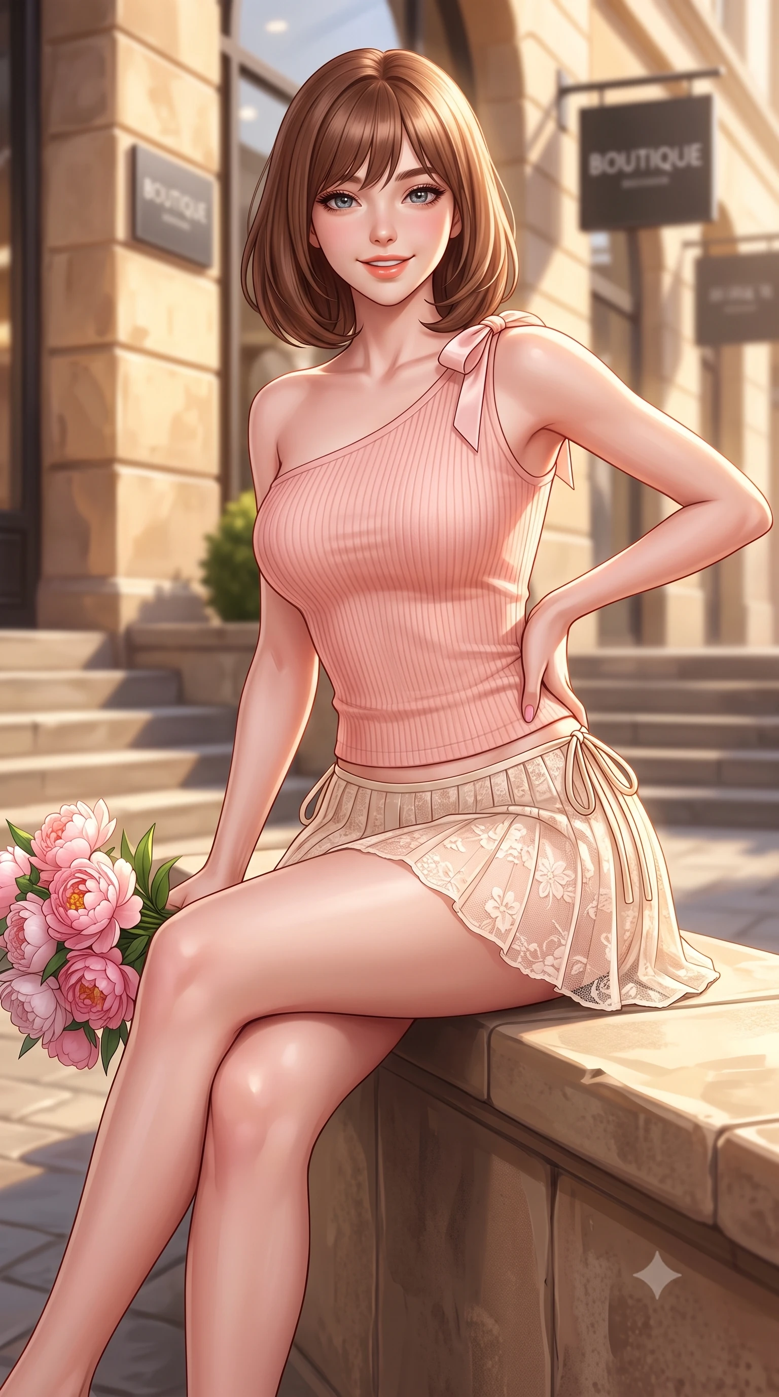 score_9, masterpiece, best quality, ultra-detailed, high-budget anime keyframe, semi-realistic 3D game render, editorial fashion photography, tasteful artistic composition, Caucasian woman. close-up cowboy shot from the waist and thighs up, the character dominates the composition, filling the frame with her large presence. tilting her head with a cute beaming smile while arching her spine with effortless dancer poise, one hand sliding along her hip line in a flirtatious S-curve while sitting perched on the boutique terrace ledge with legs crossed, holding a bouquet of fresh peonies with a radiant, coquettish expression. The composition keeps background elements in soft focus with dreamy creamy bokeh. sun-dappled stone steps and modern boutique signage softened in stylish urban shallow focus. She has an exceptionally elegant, slender, and willowy female figure with an ultra-slim waist, flat toned midriff, narrow ribcage, and sculpted feminine hips creating an alluring, slim hourglass silhouette without bulk. sharp v-shaped jawline, high-bridge nose, intricate jewel-like sparkling eyes with depth, thick eyelashes, glossy parted lips with a natural peach sheen, bright cheerful beaming smile with an enchanting and coquettish sensual glint, exuding both youthful cute charm and seductive allure, flawlessly proportioned anatomical accuracy, strict slender model proportions, natural body alignment, perfectly sculpted long slender limbs, ultra-slim waistline, clean dynamic posture without body distortion. wearing an asymmetrical one-shoulder ribbed top paired with a micro-pleated skirt with side hip ties in pastel peach blossom pink and warm champagne ivory, made of sheer contouring stretch lace with delicate floral patterns, finished with cute satin bow ribbons tying at the shoulders, the liquid-tight tailored fabric clinging flawlessly to her narrow waist and rounded feminine hips, emphasizing every millimeter of her sculpted slim hourglass curves without any bulky heaviness. bathed in glorious golden hour afternoon sunlight reflecting off warm stone facades. highly saturated vibrant anime colors, detailed shading with soft gradients, rich glossy textures, high-contrast stereoscopic depth, volumetric dynamic lighting, master piece, 9:16 ratio