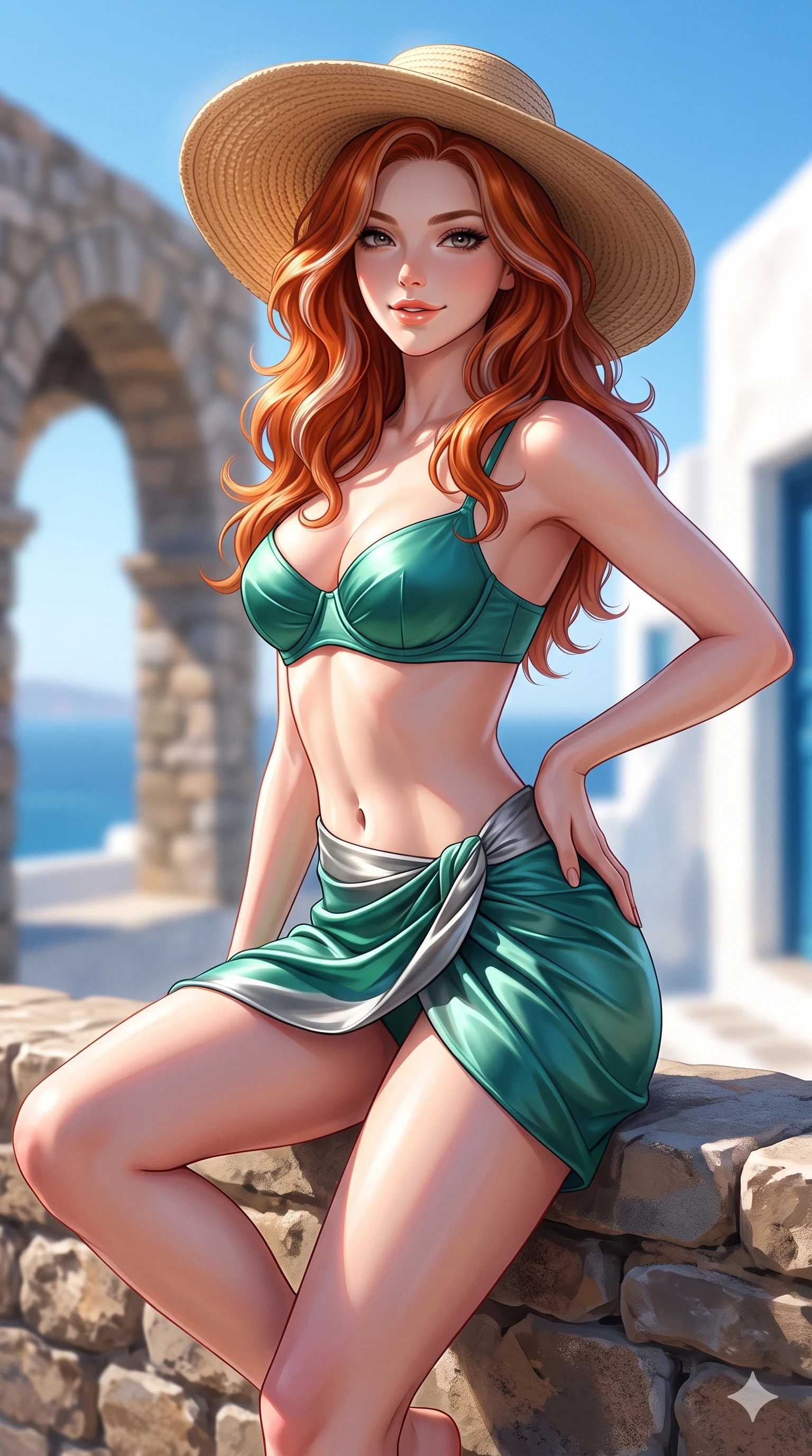 score_9, masterpiece, best quality, ultra-detailed, high-budget anime keyframe, semi-realistic 3D game render, editorial fashion photography, tasteful artistic composition, Caucasian woman. close-up cowboy shot from the waist and thighs up, the character dominates the composition, filling the frame with her large presence. arching her spine backward with effortless dancer poise, one hand sliding along her hip line as directional light carves specular highlights along her silhouette while perched sideways on the rustic stone wall overlooking Little Venice, one knee drawn up to showcase her slender leg line while her arched back accentuates her feminine curves. The background shows a soft-focus cycladic stone arches softened in idyllic Greek island shallow focus. She has an exceptionally elegant, slender, and willowy female figure with an ultra-slim waist, flat toned midriff, narrow ribcage, and sculpted feminine hips creating an alluring, slim hourglass silhouette without bulk. sharp v-shaped jawline, high-bridge nose, sparkling eyes with hypnotic seductive depth, thick curled eyelashes, glossy parted lips with a natural dewy peach sheen, alluring bedroom-eyes with an enchanting coquettish smile, exuding magnetic siren charisma and sophisticated glamour, flawlessly proportioned anatomical accuracy, strict slender model proportions, natural body alignment, perfectly sculpted long slender limbs, ultra-slim waistline, clean dynamic posture without body distortion. wearing a structured underwire bikini bustier top paired with an ultra-short draped sarong wrap mini skirt in emerald sea green and polished titanium, tailored from smooth liquid silk satin that clings smoothly to her narrow waist and rounded hips with a dewy sheen, finished with a wide-brimmed woven straw sunhat tipped back to frame her face and long glossy hair, the liquid-tight tailored fabric clinging flawlessly to her narrow waist and rounded feminine hips, emphasizing every millimeter of her sculpted slim hourglass curves without any bulky heaviness. bathed in the blinding, high-key Aegean daylight reflecting brilliantly off chalk-white stucco walls with crisp azure sky contrast. highly saturated vibrant anime colors, detailed shading with soft gradients, rich glossy textures, high-contrast stereoscopic depth, volumetric dynamic lighting, master piece, 9:16 ratio