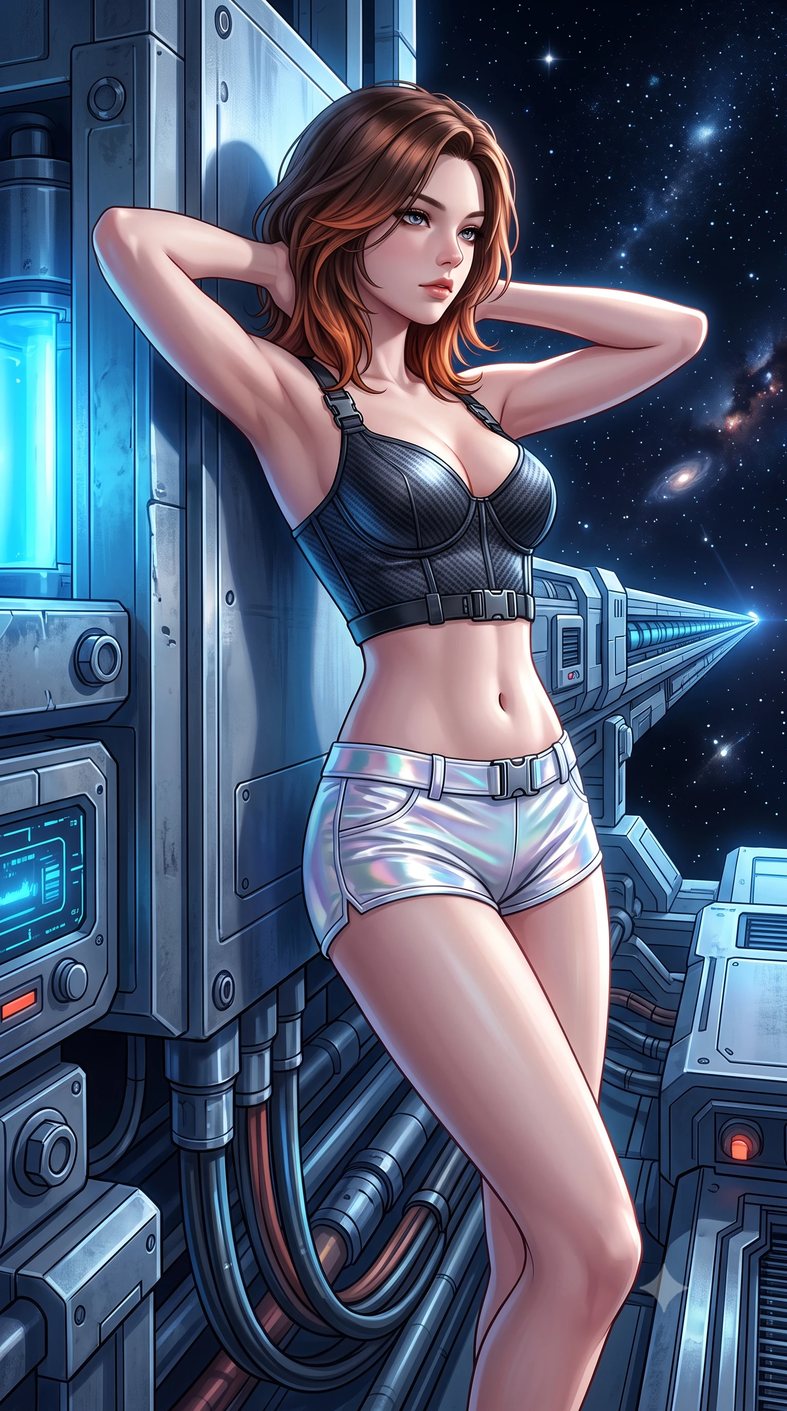score_9, masterpiece, best quality, ultra-detailed, high-budget anime keyframe, semi-realistic 3D game render, editorial fashion photography, tasteful artistic composition, Korean woman. close-up cowboy shot from the waist and thighs up, the character dominates the composition, filling the frame with her large presence. resting both hands lightly behind her neck with elbows raised, arching her spine to highlight her narrow waist, flat midriff, and breathtaking collarbones while leaning against the capacitor bank housing with hips cocked back, gazing down the electromagnetic rail into deep space with smoldering bedroom-eyes. The surrounding environment is rendered in vivid detail and crisp panoramic clarity: detailed anime keyframe lines, rich fabric textures, and monumental space defense weapon architecture in razor-sharp precision. She has an exceptionally elegant, slender, and willowy female figure with an ultra-slim waist, flat toned midriff, narrow ribcage, and sculpted feminine hips creating an alluring, slim hourglass silhouette without bulk. sharp v-shaped jawline, high-bridge nose, intricate jewel-like sparkling eyes with depth, thick eyelashes, glossy parted lips with a natural peach sheen, bright cheerful beaming smile with an enchanting and coquettish sensual glint, exuding both youthful cute charm and seductive allure, flawlessly proportioned anatomical accuracy, strict slender model proportions, natural body alignment, perfectly sculpted long slender limbs, ultra-slim waistline, clean dynamic posture without body distortion. wearing a sculpted carbon-fiber underwire crop corset with tactical buckle straps paired with low-rise micro shorts in iridescent mother-of-pearl and liquid molten silver, made of fluid liquid jersey with seamless sculpting hold and smooth contours, finished with sleek magnetic buckle closures fluttering in the breeze, the bespoke structured tailoring following the natural line of her 8.5-heads silhouette with refined elegance. bathed in cold electric-blue capacitor glow combined with crisp unpolluted starlight. highly saturated vibrant anime colors, detailed shading with soft gradients, rich glossy textures, high-contrast stereoscopic depth, volumetric dynamic lighting, master piece, 9:16 ratio