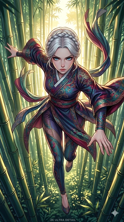 score_9, masterpiece, best quality, ultra-detailed, high-budget anime movie keyframe, cinematic anime lighting, intricate line art, Caucasian (strictly human ears) woman. Extreme high angle shot as she leaps towards the camera, filling the frame. gli