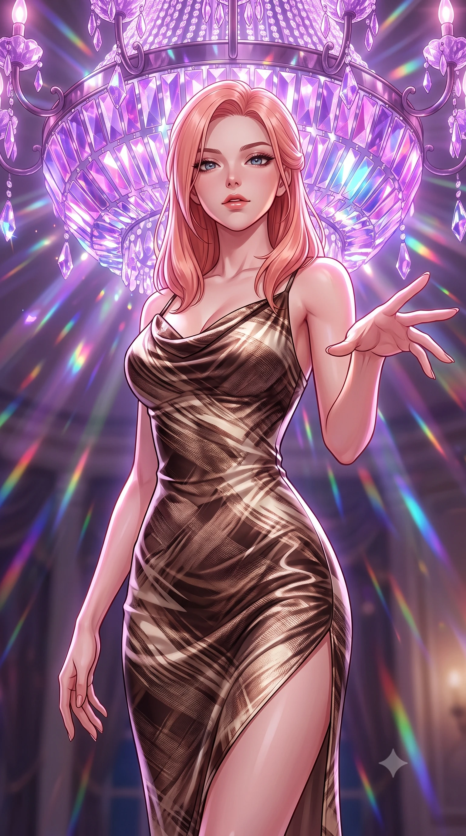 score_9, masterpiece, best quality, ultra-detailed, high-budget anime keyframe, editorial fashion photography, tasteful artistic composition, Japanese woman. close-up cowboy shot from the waist and thighs up, the character dominates the composition, filling the frame with her large presence, background elements kept in soft focus. Reaching one hand gracefully toward the viewer with effortless superiority and allure poised beneath a giant crystal chandelier refracting subterranean sunlight, massive violet and magenta crystal facets scattering prismatic light rays. She has an exceptionally elegant, slender, and willowy female figure with an ultra-slim waist, a gracefully sculpted slender torso, and a refined silhouette. sharp v-shaped jawline, high-bridge nose, intricate jewel-like eyes with depth, thick eyelashes, glossy lips with a natural sheen. wearing an elegant cowl-neck satin midi dress with a draped neckline in espresso brown and warm cream, woven from fine semi-opaque sheer organza, finished with a sleek side slit ascending to mid-thigh, the tailored fabric tightly following every curve of her athletic build. illuminated by radiant purple, magenta, and cyan crystal inner glow. highly saturated vibrant anime colors, detailed shading with soft gradients, rich glossy textures, high-contrast stereoscopic depth, volumetric dynamic lighting, master piece, 9:16 ratio