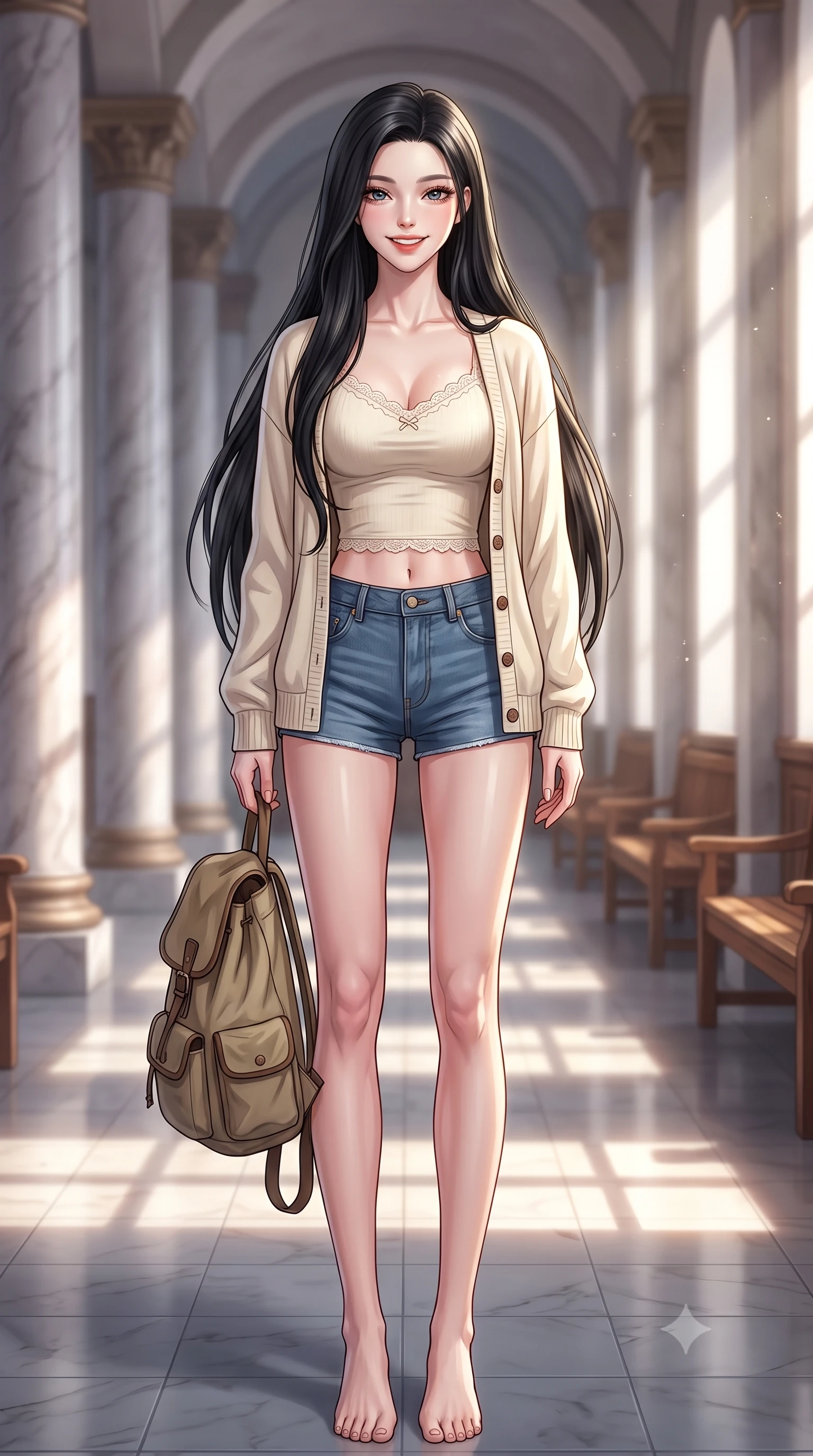 score_9, masterpiece, best quality, ultra-detailed, high-budget anime keyframe, editorial fashion photography, tasteful artistic composition, Korean woman. low angle full-body shot from head to toe showing her feet, filling the entire 9:16 vertical frame with her statuesque presence, stretching her vertical silhouette. standing with a cute, bright pose, tilting her head with a beaming smile set against a soft-focus background of inside a spacious university auditorium hallway with marble columns and wooden benches carrying a vintage canvas backpack over her shoulder. She has an absolutely perfect, statuesque 8.5-heads proportion, an exceptionally tall and slender model-like female figure with impossibly long slender legs and an ultra-slim waist. sharp v-shaped jawline, high-bridge nose, intricate jewel-like eyes with depth, thick eyelashes, glossy lips with a natural sheen. wearing slim-fit delicate lace-trim crop top in cream, worn under an open preppy cardigan and denim shorts. dappled sunlight creating beautiful light patterns on her skin and the ground. highly saturated vibrant anime colors, detailed shading with soft gradients, rich glossy textures, high-contrast stereoscopic depth, volumetric dynamic lighting, master piece, 9:16 ratio