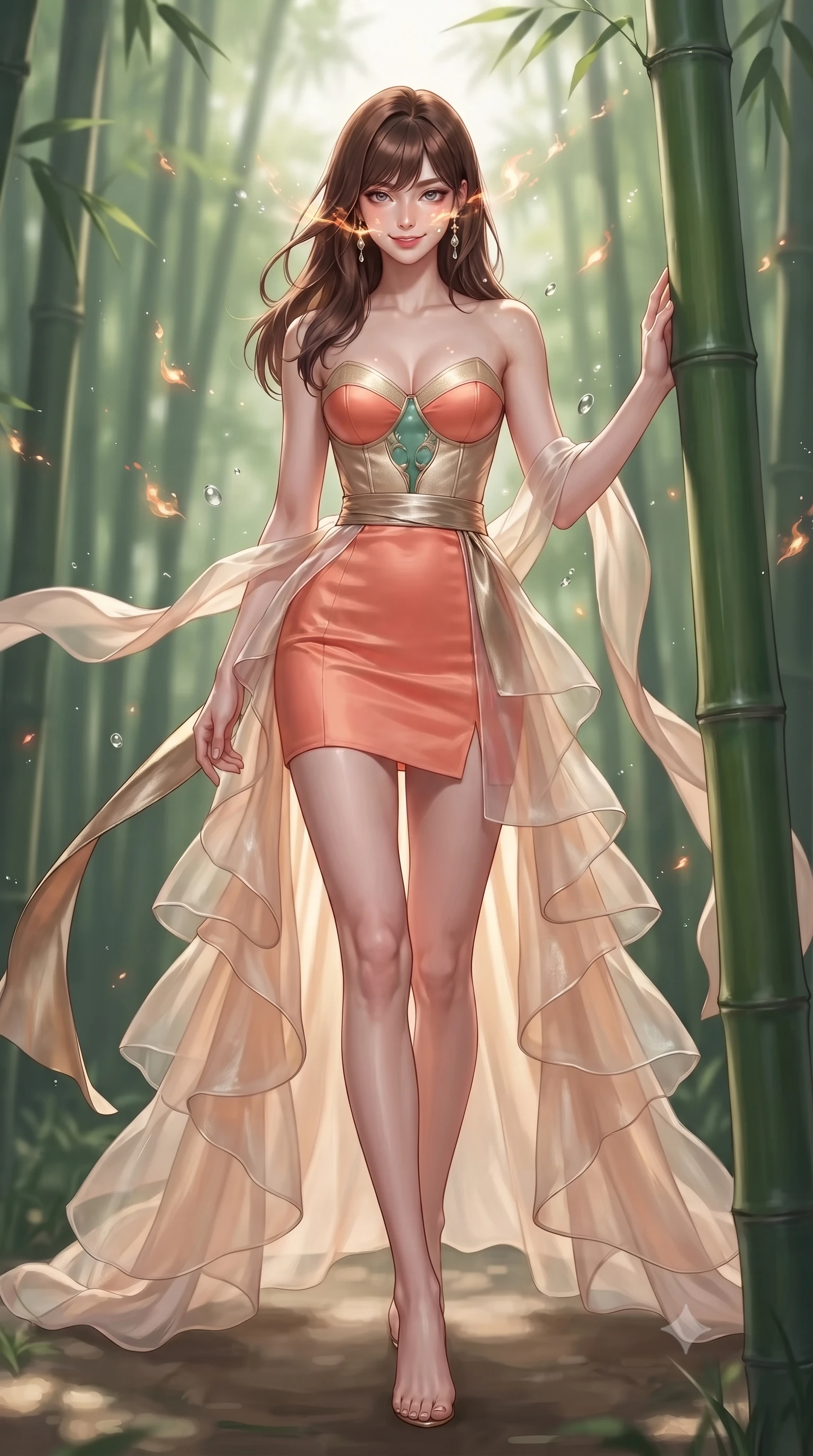 score_9, masterpiece, best quality, ultra-detailed, high-budget anime keyframe, editorial fashion photography, tasteful artistic composition, Korean woman. low angle full-body shot from head to toe showing her feet, filling the entire 9:16 vertical frame with her statuesque presence, stretching her vertical silhouette. striding forward in a proud, dynamic supermodel runway stride, her statuesque vertical silhouette commanding the entire frame while resting against a smooth bamboo trunk with a playful, enigmatic smile as spirit wisps illuminate her lovely face. The composition keeps background elements in soft focus with creamy bokeh. sparkling spirit flame embers and floating moisture droplets scattering enchanting light motes. She has an absolutely perfect, statuesque 8.5-heads proportion, an exceptionally tall and slender model-like female figure with impossibly long slender legs, a toned flat midriff, and an ultra-slim waist. sharp v-shaped jawline, high-bridge nose, intricate jewel-like eyes with depth, thick eyelashes, glossy lips with a natural sheen, captivating and magnetic expression, flawlessly proportioned anatomical accuracy, strict slender model proportions, natural body alignment, perfectly sculpted long slender limbs, ultra-slim waistline, clean dynamic posture without body distortion. wearing a jade-inlaid silk bustier dress with multi-tiered translucent organza train and metallic sash in sunrise coral and champagne gold, crafted from weightless prism organza that refracts light with every motion, complemented by long flowing silk arm ribbons that float weightlessly in the air, the sleek tailored cut tightly hugging her graceful clavicle, narrow waist, and feminine curves with statuesque precision. illuminated by ethereal glow highlighting her sculpted collarbones, waistline, and slender silhouette. ultra-reflective glossy finish, specular highlights, rich textural contrasts, high-contrast stereoscopic depth, volumetric dynamic lighting, 2k, ultra detail, master piece, 9:16 ratio
