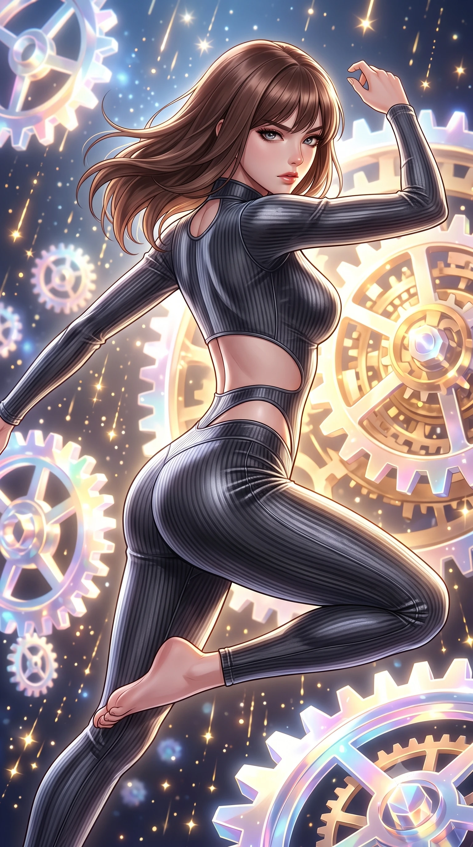 score_9, masterpiece, best quality, ultra-detailed, high-budget anime keyframe, editorial fashion photography, tasteful artistic composition, Korean woman. close-up cowboy shot from the waist and thighs up, the character dominates the composition, filling the frame with her large presence, background elements kept in soft focus. Pivoting sharply while looking back over her shoulder with heavy lashes and a confident, intense gaze while leaping gracefully across floating polyhedral prism gears in an astral clockwork citadel, starlight particles falling like a golden shower around her dynamic silhouette. She has an exceptionally elegant, slender, and willowy female figure with an ultra-slim waist, a gracefully sculpted slender torso, and a refined silhouette. sharp v-shaped jawline, high-bridge nose, intricate jewel-like eyes with depth, thick eyelashes, glossy lips with a natural sheen, flawlessly proportioned anatomical accuracy, natural body alignment, perfectly sculpted elegant limbs, clean dynamic posture without body distortion. wearing a form-fitting ribbed activewear set with elegant collar cutouts in charcoal grey and platinum, made of premium stretch velvet with a rich sheen, featuring clean architectural cutouts along her slender torso, the glove-like fit emphasizing her statuesque silhouette during motion. bathed in brilliant starlight and warm golden inner glow from the clockwork citadel. highly saturated vibrant anime colors, detailed shading with soft gradients, rich glossy textures, high-contrast stereoscopic depth, volumetric dynamic lighting, master piece, 9:16 ratio