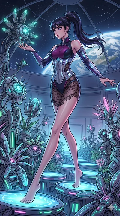 score_9, masterpiece, best quality, ultra-detailed, high-budget anime movie keyframe, cinematic anime lighting, intricate line art, Japanese woman. Dynamic full-body shot stretching the vertical silhouette with extreme perspective. inspecting a garde