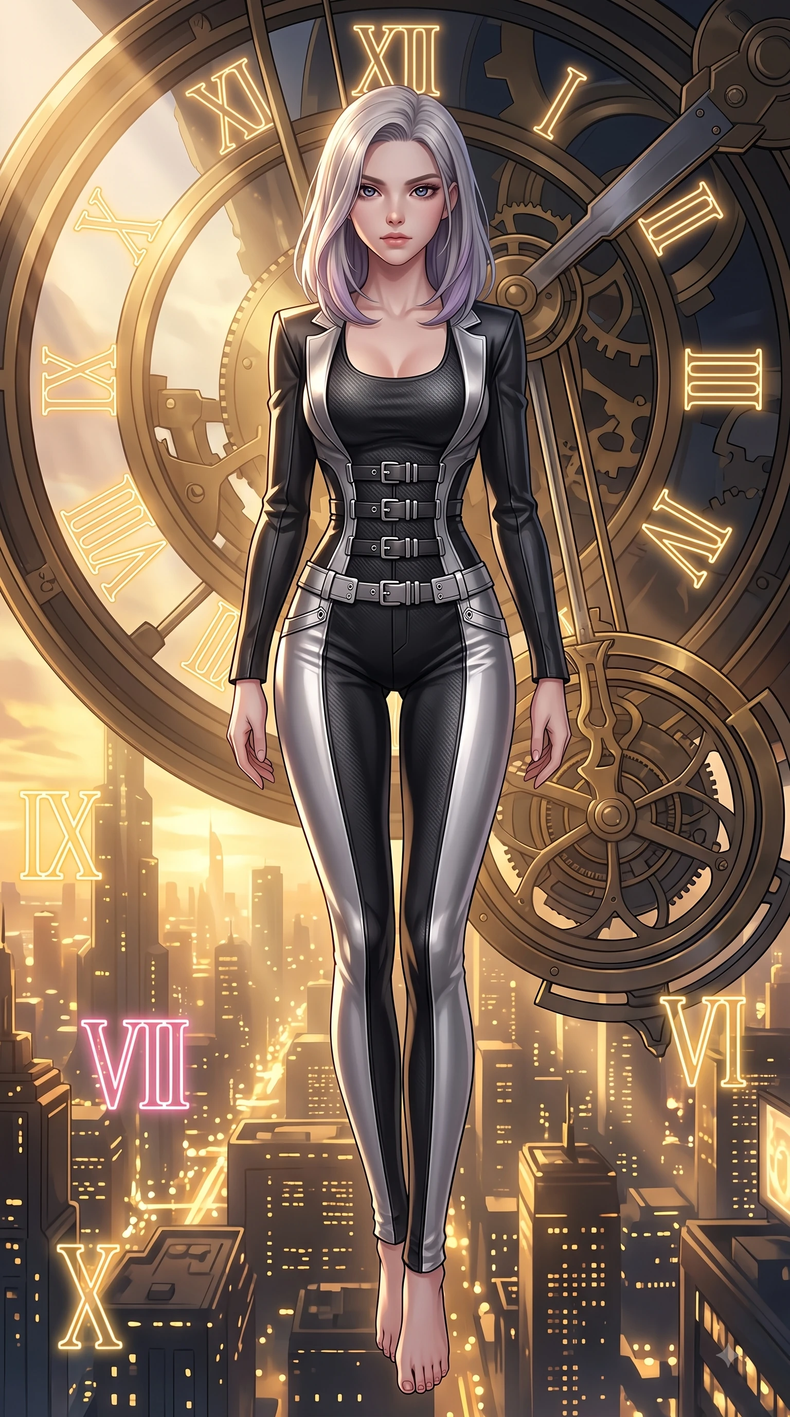 score_9, masterpiece, best quality, ultra-detailed, high-budget anime keyframe, editorial fashion photography, tasteful artistic composition, Caucasian woman. low angle full-body shot from head to toe showing her feet, filling the entire 9:16 vertical frame with her statuesque presence, stretching her vertical silhouette. pivoting dynamically in zero-gravity with fluid S-curve alignment, displaying her perfect model proportions while resting against a mechanical clock pendulum swinging over a golden illuminated city below, glowing neon clock numbers floating in the air with vintage elegancy. She has an absolutely perfect, statuesque 8.5-heads proportion, an exceptionally tall and slender model-like female figure with impossibly long slender legs and an ultra-slim waist. sharp v-shaped jawline, high-bridge nose, intricate jewel-like eyes with depth, thick eyelashes, glossy lips with a natural sheen, flawlessly proportioned anatomical accuracy, natural body alignment, perfectly sculpted elegant limbs, clean dynamic posture without body distortion. wearing a tailored silk blazer over a form-contouring scoop-neck top and slacks in matte black and polished silver, made of fine carbon-fiber weave and soft matte leather, detailed with polished silver buckles along the waistline, the tailored fabric tightly following every curve of her athletic build. illuminated by a brilliant golden hour glow filtering through clockwork dials. highly saturated vibrant anime colors, detailed shading with soft gradients, rich glossy textures, high-contrast stereoscopic depth, volumetric dynamic lighting, master piece, 9:16 ratio