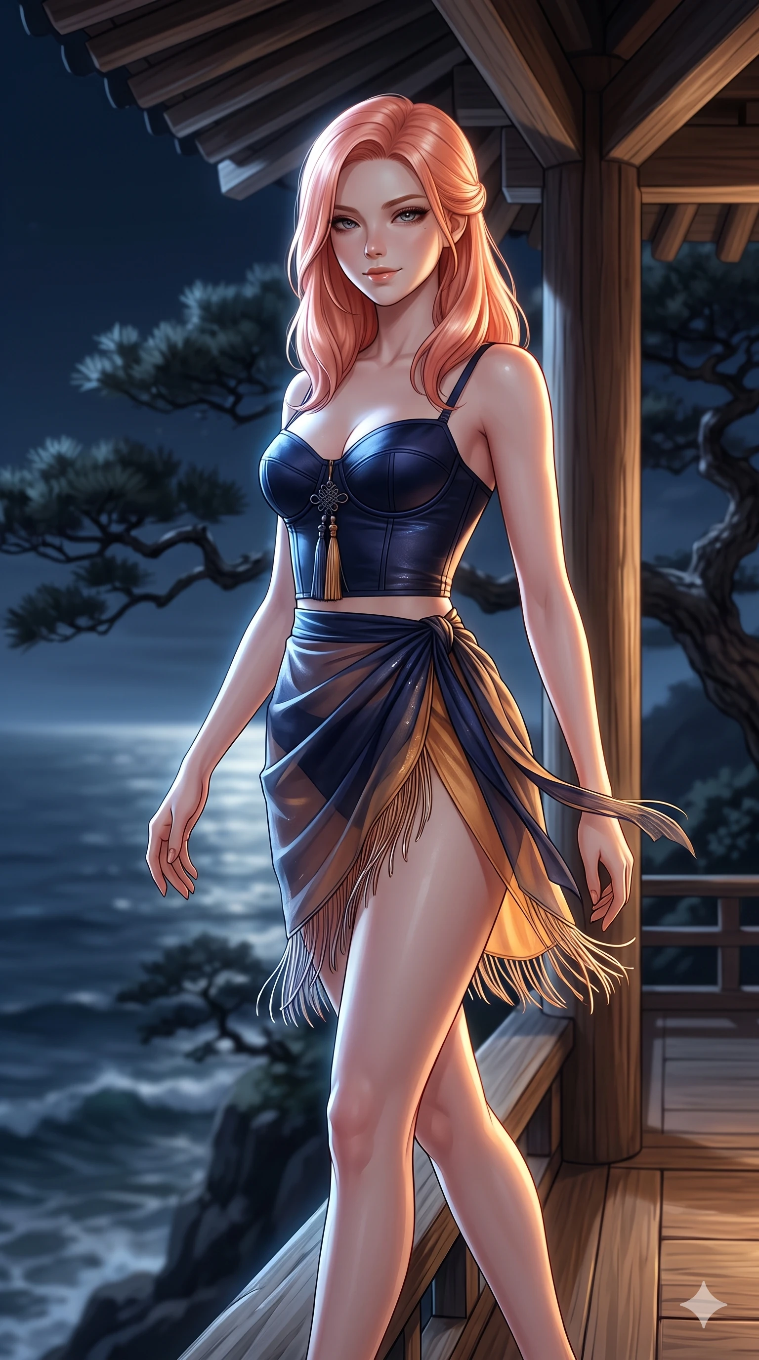 score_9, masterpiece, best quality, ultra-detailed, high-budget anime keyframe, editorial fashion photography, tasteful artistic composition, Japanese woman. close-up cowboy shot from the waist and thighs up, the character dominates the composition, filling the frame with her large presence. leaning forward while arching her lower back to accentuate her curvy hips, looking into the camera with an intoxicating smoldering gaze and bedroom-eyes while walking slowly along the cliffside parapet with hypnotic grace, hips swaying in an alluring sensual rhythm that commands the ocean void. The background shows a soft-focus gnarled ancient pine silhouettes and rolling ocean waves below blurred into deep midnight navy, silver, and charcoal bokeh. She has an exceptionally elegant, slender, and willowy female figure with an ultra-slim waist, flat toned midriff, narrow ribcage, and sculpted feminine hips creating an alluring, slim hourglass silhouette without bulk. sharp v-shaped jawline, high-bridge nose, sparkling eyes with hypnotic seductive depth, thick curled eyelashes, glossy parted lips with a natural dewy peach sheen, alluring bedroom-eyes with an enchanting coquettish smile, exuding magnetic siren charisma and sophisticated glamour, flawlessly proportioned anatomical accuracy, strict slender model proportions, natural body alignment, perfectly sculpted long slender limbs, ultra-slim waistline, clean dynamic posture without body distortion. wearing a structured underwire silk bustier top with norigae accents paired with a high-cut draped sarong mini wrap in midnight indigo and glowing lantern topaz, crafted from delicate semi-sheer Korean gossamer organza with subtle pearlescent glints, finished with delicate silk fringe trim fluttering along her hip line with kinetic charm, the bespoke structured tailoring following the natural line of her 8.5-heads silhouette with refined elegance. bathed in brilliant horizontal moonlight sweeping across the ocean surface and into the open timber pavilion. ultra-reflective glossy finish, specular highlights, rich textural contrasts, high-contrast stereoscopic depth, volumetric dynamic lighting, 2k, ultra detail, master piece, 9:16 ratio