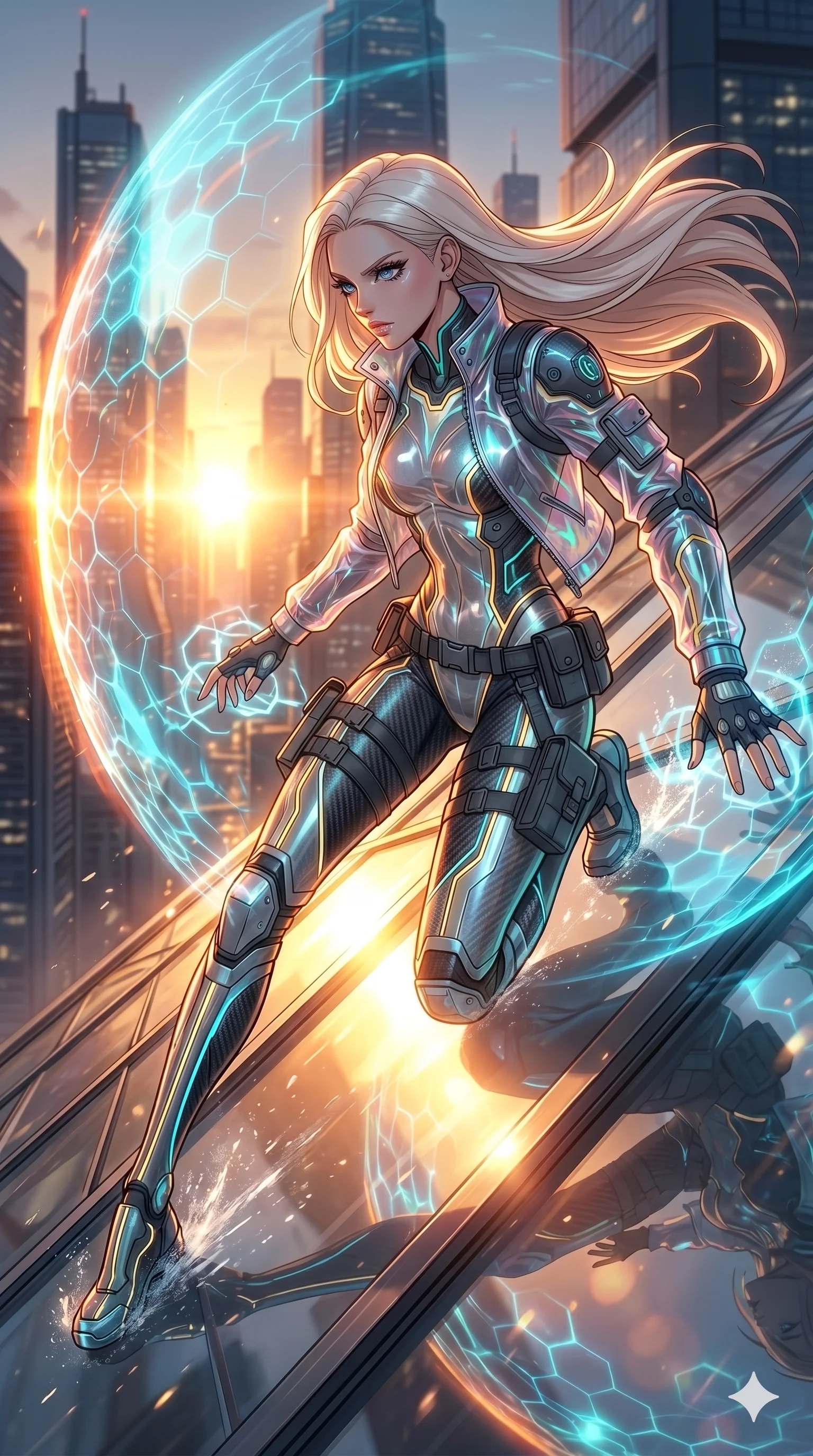 score_9, masterpiece, best quality, ultra-detailed, high-budget anime movie keyframe, cinematic anime lighting, intricate line art, Caucasian (strictly human ears) woman. Extreme high angle shot as she leaps towards the camera, filling the frame. assembling a nano-shield to protect against a solar flare. She has an absolutely perfect 8-heads proportion, an exceptionally tall and slender female figure with an ultra-slim waist and impossibly long slender legs. strictly human anatomy, two legs only, no extra limbs, clearly defined legs and arms, perfect anatomy, perfect hands and fingers. sharp v-shaped jawline, high-bridge nose, intricate jewel-like eyes, thick eyelashes, glossy lips. Wearing Tech-Fantasy: Cybernetic tech-suit with glowing seams, translucent PVC over leotard, and modular tactical gear. The scene is illuminated by dramatic atmospheric lighting and vibrant color palettes. , 2k, ultra detail, master piece, 9:16 ratio