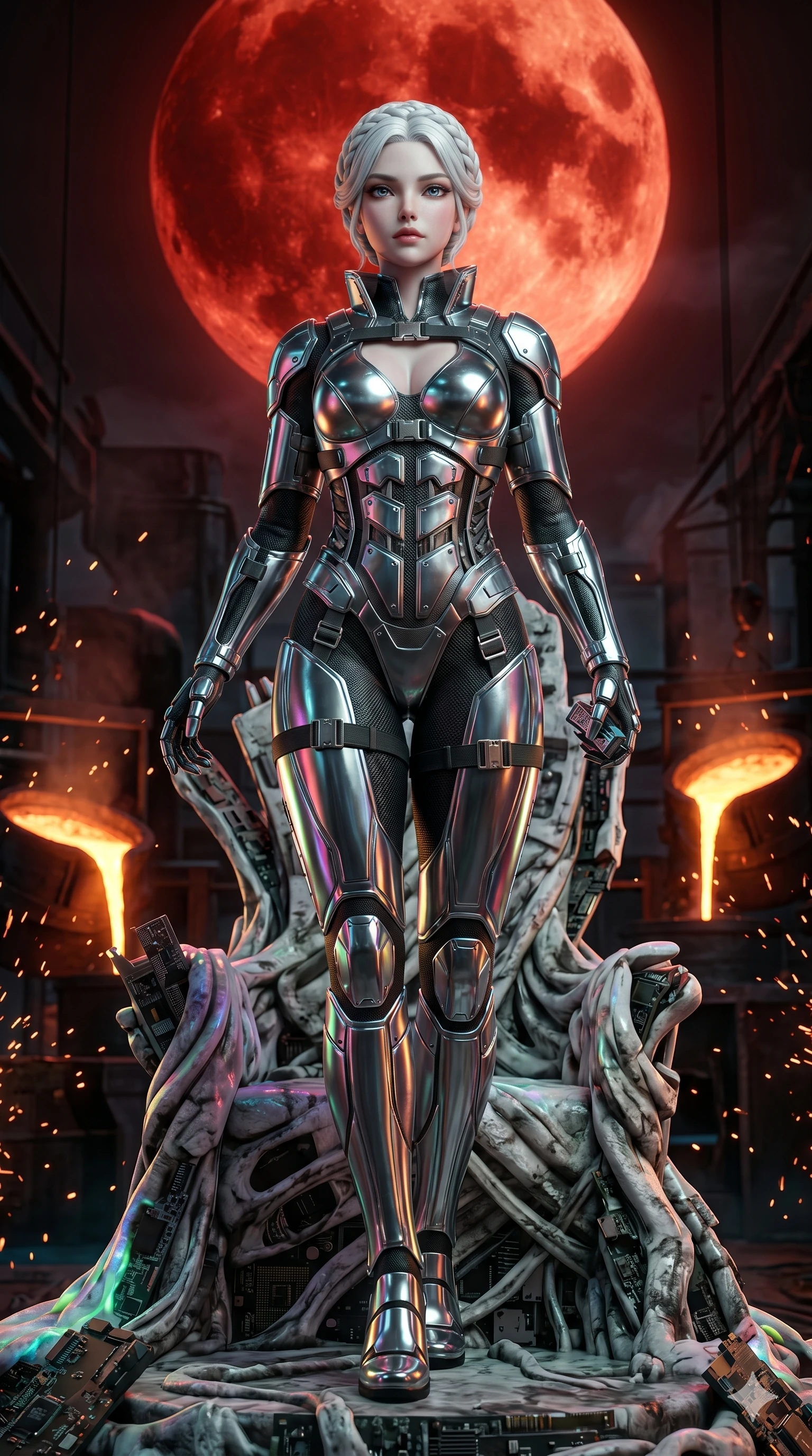 score_9, masterpiece, best quality, ultra-detailed, Photorealistic 8k CG, masterpiece, hyper-realistic SSS skin texture, cinematic ray-tracing, every pore and strand of hair rendered with extreme precision, 8k resolution, Korean woman with idol-like refined features. Low angle cowboy shot filling the entire 9:16 frame with her statuesque presence, looking up to emphasize her height. Standing victorious on a grand throne made of calcified logic-boards and discarded cybernetics under the ominous glow of a massive blood moon. She has an well-proportioned figure, an tall and elegant figure with elegant legs and an graceful posture, her statuesque height and towering silhouette dominating the vertical 9:16 frame. Her face is a masterpiece featuring a sharp v-shaped jawline, high-bridge nose, intricate jewel-like eyes with depth, thick eyelashes, and glossy lips with a natural sheen. She is wearing a Chrome-plated armor over a fitted base with tactical straps and metallic buckles crafted from Glossy material with a high-gloss finish that reveals the intricate layers beneath, with a stylishly open collar to with a modern aesthetic and a streamlined design. The scene is set in a gritty industrial factory with glowing molten metal, flying sparks, and deep shadows, illuminated by soft bioluminescent glow from the environment casting ethereal colors on her skin. 2k, ultra detail, master piece, 9:16 ratio