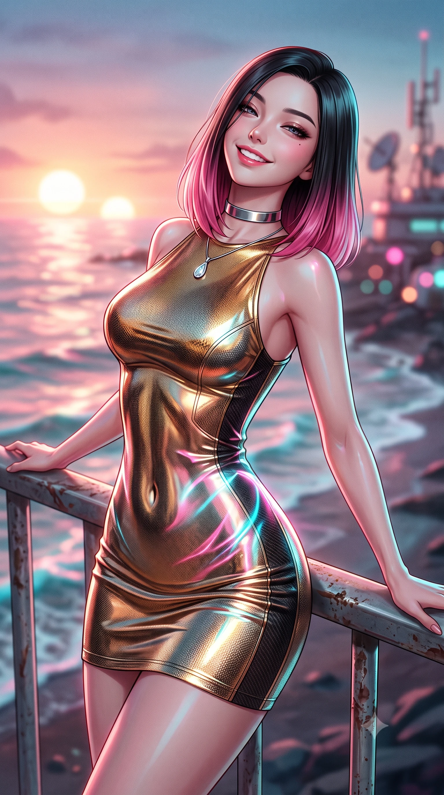 score_9, masterpiece, best quality, ultra-detailed, high-budget anime keyframe, editorial fashion photography, tasteful artistic composition, Korean woman. close-up cowboy shot from the waist and thighs up, the character dominates the composition, filling the frame with her large presence. leaning back against the balustrade with relaxed seductive grace, head tilted back slightly while casting a hypnotic, heavy-lidded gaze while twisting her slender torso in an alluring contrapposto stance, chromatic pink-and-cyan ocean caustics painting fluid light ribbons across her narrow waist and hips. The background shows a soft-focus undulating chromatic liquid sea waves shifting between rose-gold and cyan, twin setting suns on the alien horizon, and research station antennas blurred into magenta, peach, and aquamarine bokeh. She has an exceptionally elegant, slender, and willowy female figure with an ultra-slim waist, flat toned midriff, narrow ribcage, and sculpted feminine hips creating an alluring, slim hourglass silhouette without bulk. sharp v-shaped jawline, high-bridge nose, intricate jewel-like sparkling eyes with depth, thick eyelashes, glossy parted lips with a natural peach sheen, bright cheerful beaming smile with an enchanting and coquettish sensual glint, exuding both youthful cute charm and seductive allure, flawlessly proportioned anatomical accuracy, strict slender model proportions, natural body alignment, perfectly sculpted long slender limbs, ultra-slim waistline, clean dynamic posture without body distortion. wearing a liquid chrome second-skin bodycon knit dress hugging every curve of her hourglass frame with metallic luster in solar-flare gold and interstellar onyx, woven from structured carbon-fiber jacquard with rich textural depth, finished with a minimalist chrome choker and a single teardrop diamond pendant, the bespoke structured tailoring following the natural line of her 8.5-heads silhouette with refined elegance. illuminated by chromatic liquid ocean reflection bounce and sharp rose-gold rim lights sculpting her razor-sharp jawline, narrow waist, and curvy hips. ultra-reflective glossy finish, specular highlights, rich textural contrasts, high-contrast stereoscopic depth, volumetric dynamic lighting, 2k, ultra detail, master piece, 9:16 ratio