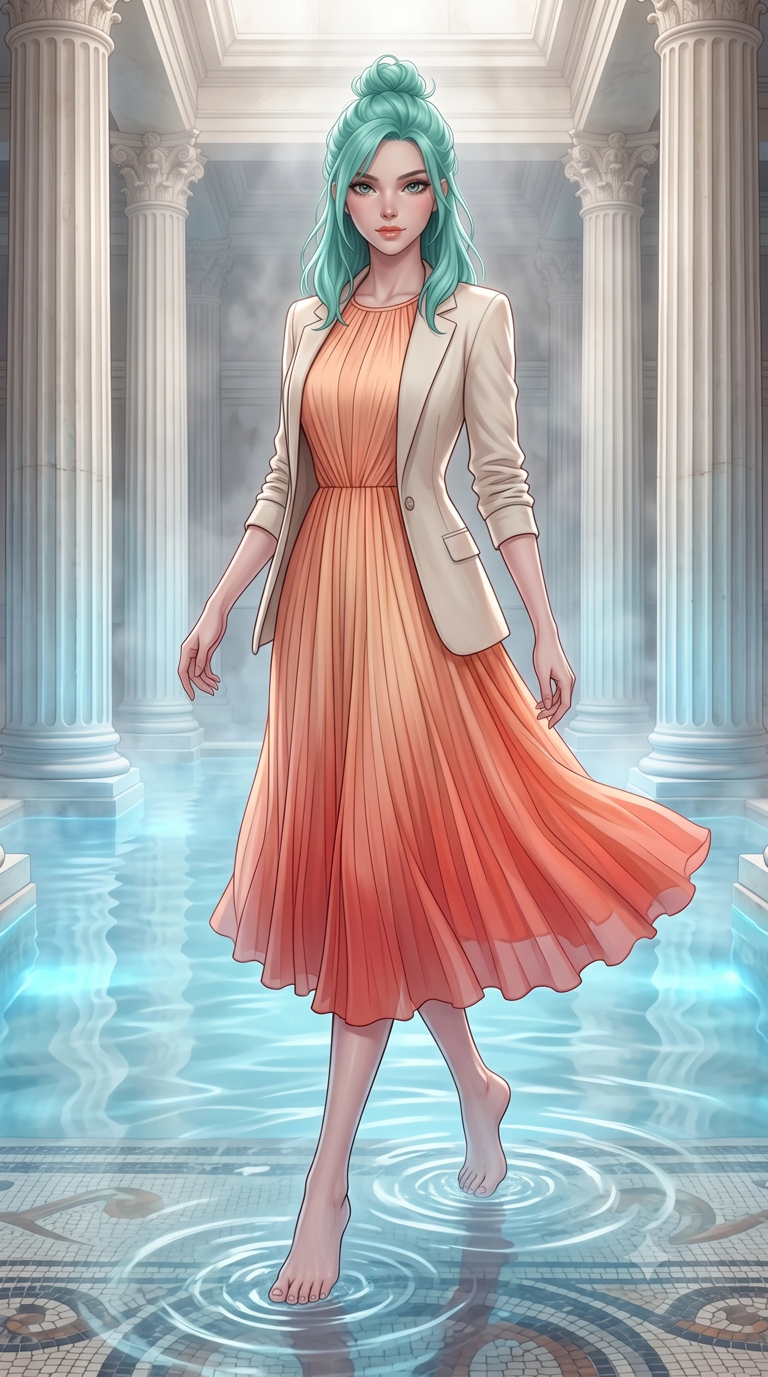 score_9, masterpiece, best quality, ultra-detailed, high-budget anime keyframe, editorial fashion photography, tasteful artistic composition, Japanese woman. low angle full-body shot from head to toe showing her feet, filling the entire 9:16 vertical frame with her statuesque presence, stretching her vertical silhouette. navigating with fluid, playful motion through inside a grand roman bath chamber with columns of white travertine, the steaming thermal waters glowing with an opaline blue light. She has a statuesque 8.5-heads proportion, an exceptionally tall, slender and willowy model-like build with impossibly long legs and a highly sculpted ultra-slim waist. sharp v-shaped jawline, high-bridge nose, intricate jewel-like eyes with depth, thick eyelashes, glossy lips with a natural sheen. wearing a flowing pleated chiffon midi dress in a sunset apricot gradient, layered under a light ivory knit blazer. soft diffused steam light mixed with a gentle blue underwater glow illuminating the white stone columns. 2k, ultra detail, master piece, 9:16 ratio