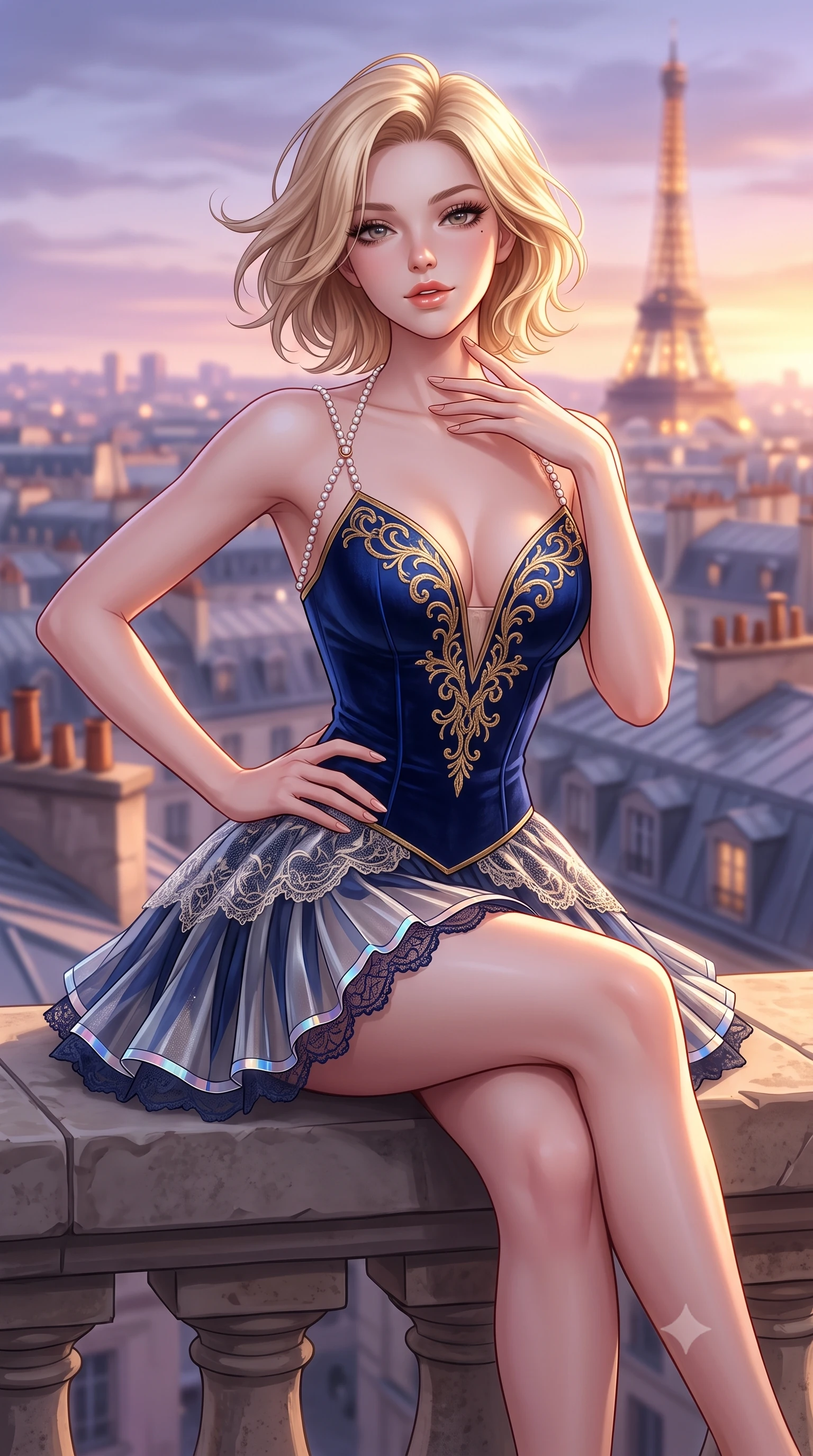 score_9, masterpiece, best quality, ultra-detailed, high-budget anime keyframe, semi-realistic 3D game render, editorial fashion photography, tasteful artistic composition, Caucasian woman. close-up cowboy shot from the waist and thighs up, the character dominates the composition, filling the frame with her large presence. twisting her slender torso in an alluring contrapposto stance, one hand resting on her sculpted hip while her fingers toy with her hair with effortless poise while perched sideways on the stone ledge with legs crossed, one hand touching her throat with an enchanting, parted-lip smile. The background shows a soft-focus the iconic sea of Paris zinc roofs, chimney pots, and distant glowing Eiffel Tower blurred into lavender, rose-gold, and slate bokeh. She has an exceptionally elegant, slender, and willowy female figure with an ultra-slim waist, flat toned midriff, narrow ribcage, and sculpted feminine hips creating an alluring, slim hourglass silhouette without bulk. sharp v-shaped jawline, high-bridge nose, sparkling eyes with hypnotic seductive depth, thick curled eyelashes, glossy parted lips with a natural dewy peach sheen, alluring bedroom-eyes with an enchanting coquettish smile, exuding magnetic siren charisma and sophisticated glamour, flawlessly proportioned anatomical accuracy, strict slender model proportions, natural body alignment, perfectly sculpted long slender limbs, ultra-slim waistline, clean dynamic posture without body distortion. wearing a structured velvet ballet bodice with gold filigree embroidery paired with an airy knife-pleated organza mini skirt in deep sapphire navy and metallic silver with holographic trims, made of delicate semi-sheer French Chantilly lace with intricate eyelash edges, accented with a pearl-drop body harness subtly framing her dewy collarbones and spine, the liquid-tight tailored fabric clinging flawlessly to her narrow waist and rounded feminine hips, emphasizing every millimeter of her sculpted slim hourglass curves without any bulky heaviness. bathed in molten golden hour sunset light washing horizontally across the Parisian skyline. highly saturated vibrant anime colors, detailed shading with soft gradients, rich glossy textures, high-contrast stereoscopic depth, volumetric dynamic lighting, master piece, 9:16 ratio