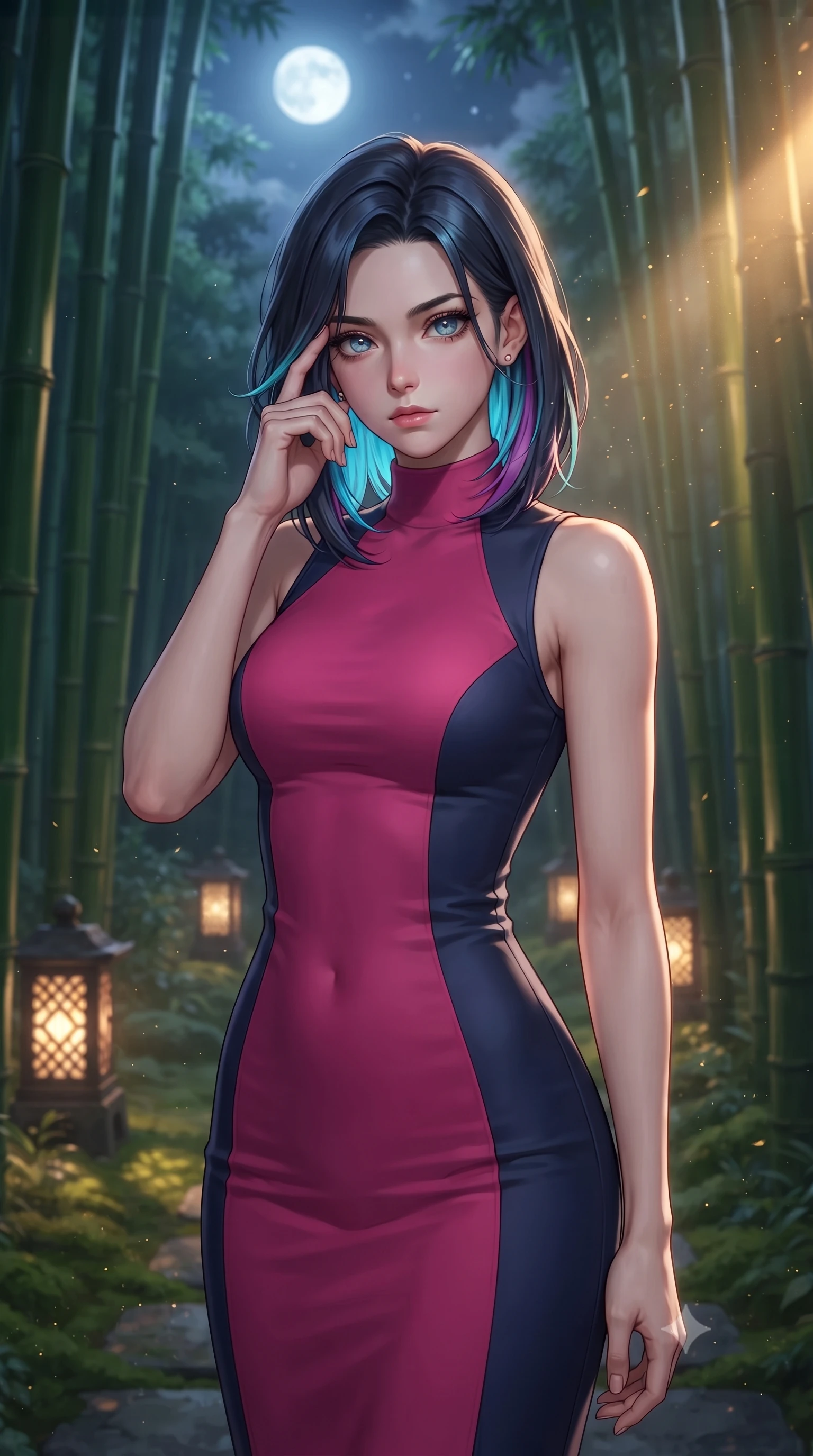score_9, masterpiece, best quality, ultra-detailed, high-budget anime keyframe, editorial fashion photography, tasteful artistic composition, Caucasian woman, strictly human ears. close-up cowboy shot from the waist and thighs up, the character dominates the composition, filling the frame with her large presence, background elements kept in soft focus. Pressing two fingers to her temple in a composed thoughtful gesture. set against a soft-focus background of a perfectly maintained bamboo grove walkway under full moonlight with towering green bamboo stalks creating a natural cathedral stone path with embedded lanterns and soft moss underfoot. She has an exceptionally elegant and slender, willowy female figure with an ultra-slim waist, a gracefully sculpted slender torso, and a refined slim physique. sharp v-shaped jawline, high-bridge nose, intricate jewel-like eyes with depth, thick eyelashes, glossy lips with a natural sheen. wearing a high-neck bodycon midi dress in a dual-tone of fuchsia and navy, sculpting her slender dancer frame with elegant lines. golden hour sunlight streaming in warm shafts with floating dust particles catching the light. 2k, ultra detail, master piece, 9:16 ratio