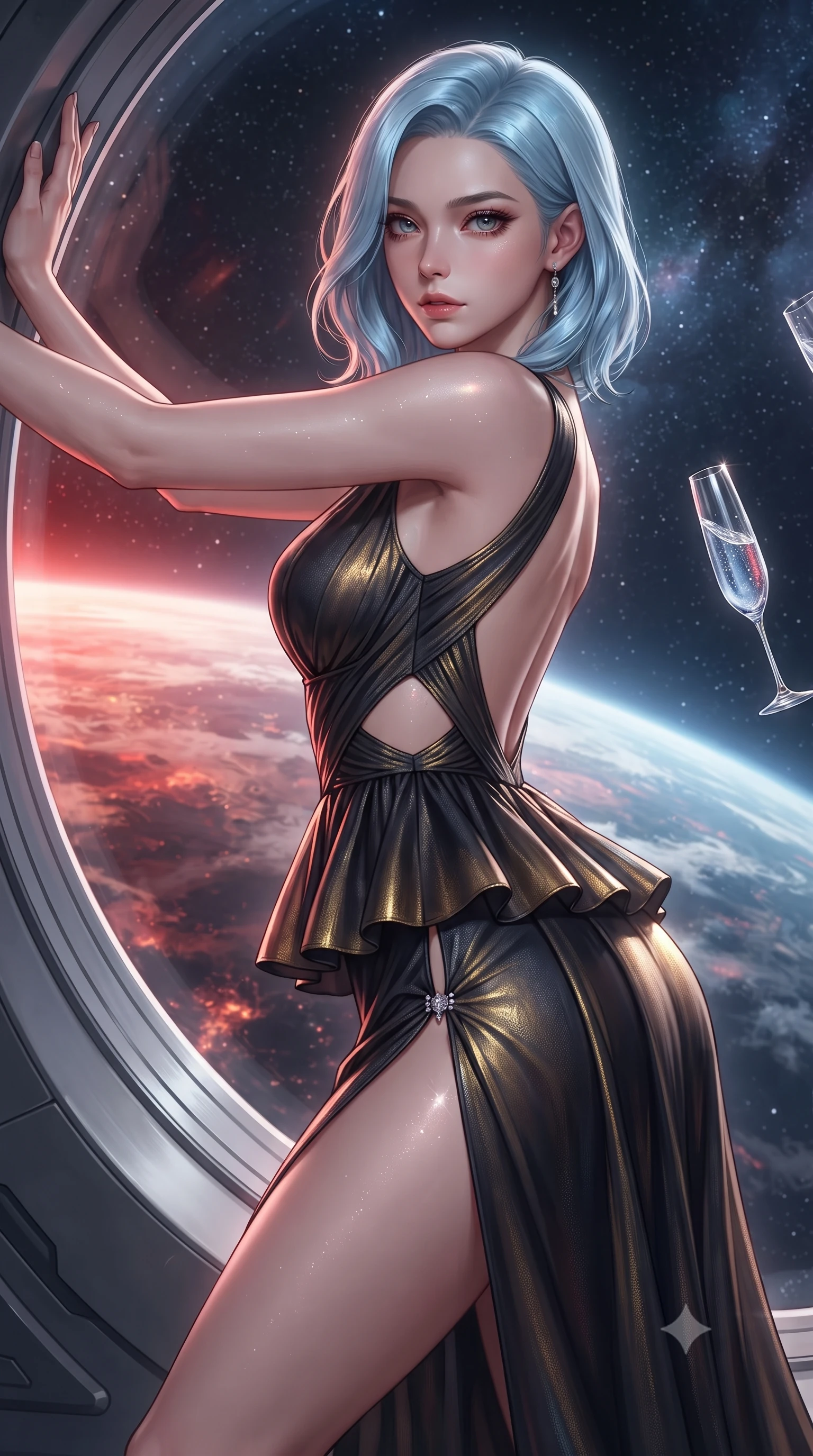 score_9, masterpiece, best quality, ultra-detailed, high-budget anime keyframe, editorial fashion photography, tasteful artistic composition, Korean woman. close-up cowboy shot from the waist and thighs up, the character dominates the composition, filling the frame with her large presence. leaning back with relaxed seductive grace, her sculpted collarbones and narrow waist highlighted as she casts smoldering bedroom-eyes directly into the camera while leaning back against the quartz-glass observation bulkhead with hips cocked, casting an alluring, sovereign bedroom-gaze past floating zero-gravity crystal flutes. The surrounding environment is rendered in vivid detail and crisp panoramic clarity. detailed metallic gown texture, cosmic radiation glints on skin, and planet shadow contrast in high resolution. She has an exceptionally elegant, slender, and willowy female figure with an ultra-slim waist, flat toned midriff, narrow ribcage, and sculpted feminine hips creating an alluring, slim hourglass silhouette without bulk. sharp v-shaped jawline, high-bridge nose, intricate jewel-like eyes with depth, thick eyelashes, glossy parted lips with a natural sheen, intensely captivating and seductive bedroom-eyes expression, flawlessly proportioned anatomical accuracy, strict slender model proportions, natural body alignment, perfectly sculpted long slender limbs, ultra-slim waistline, clean dynamic posture without body distortion. wearing a modern peplum corset dress with side-waist diamond cutouts and an ultra-tight silhouette in midnight obsidian black and liquid gold, woven from layered gossamer chiffon with a weightless sweeping drape, finished with an ultra-high side slit secured by miniature jeweled clasps, the dramatically scooped open back descending to the base of her spine, accentuating her razor-sharp statuesque lines and slim hourglass silhouette. bathed in dramatic warm crimson and copper planetary storm glow contrasting with cool cosmic starlight ambient fill. ultra-reflective glossy finish, specular highlights, rich textural contrasts, high-contrast stereoscopic depth, volumetric dynamic lighting, 2k, ultra detail, master piece, 9:16 ratio