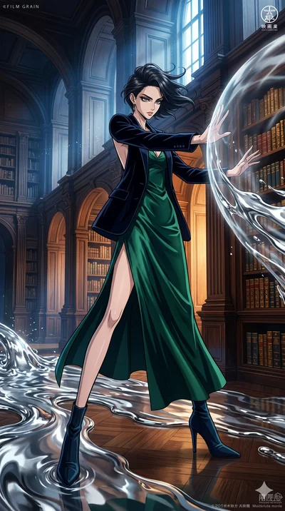 score_9, masterpiece, best quality, ultra-detailed, high-budget anime movie keyframe, cinematic anime lighting, intricate line art, Japanese anime girl. Low angle cowboy shot capturing a powerful motion and statuesque presence. shielding a library of