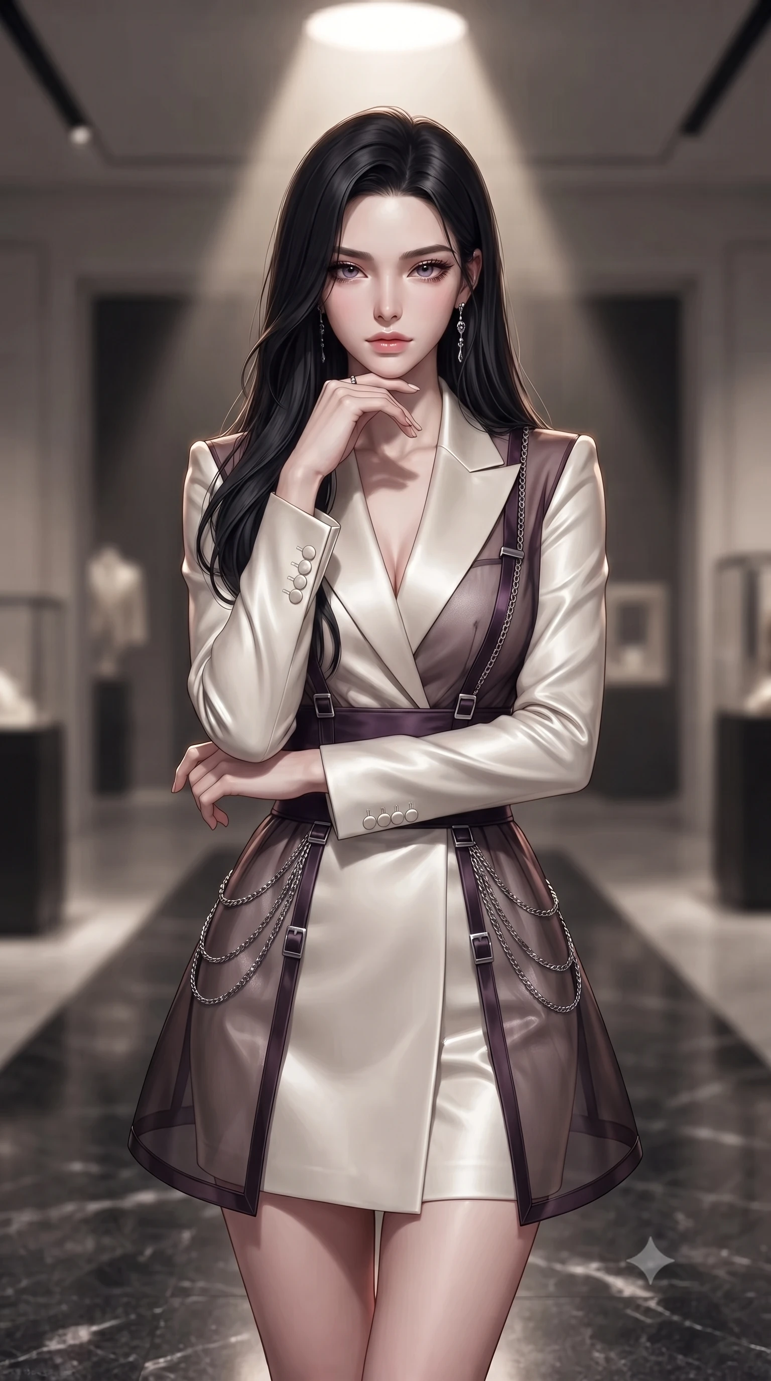 score_9, masterpiece, best quality, ultra-detailed, high-budget anime keyframe, editorial fashion photography, tasteful artistic composition, Korean woman. close-up cowboy shot from the waist and thighs up, the character dominates the composition, filling the frame with her large presence, background elements kept in soft focus. Resting her chin on the backs of her fingers with an air of effortless superiority, walking across a polished dark granite floor under single theatrical spotlights, single warm key light tracing her side profile and ultra-slim waistline. She has an exceptionally elegant, slender, and willowy female figure with an ultra-slim waist, a gracefully sculpted slender torso, and a refined silhouette. sharp v-shaped jawline, high-bridge nose, intricate jewel-like eyes with depth, thick eyelashes, glossy lips with a natural sheen. wearing tailored ivory tux dress with satin lapels and fitted waist in dark plum violet, made of sheer dark organza overlay, framed by dark titanium buckles and silver chain details, sculpting her athletic slender build with refined precision. illuminated by a single dramatic theatrical spotlight from directly overhead. ultra-reflective glossy finish, specular highlights, metallic sheen, high-contrast stereoscopic depth, volumetric dynamic lighting, 2k, ultra detail, master piece, 9:16 ratio