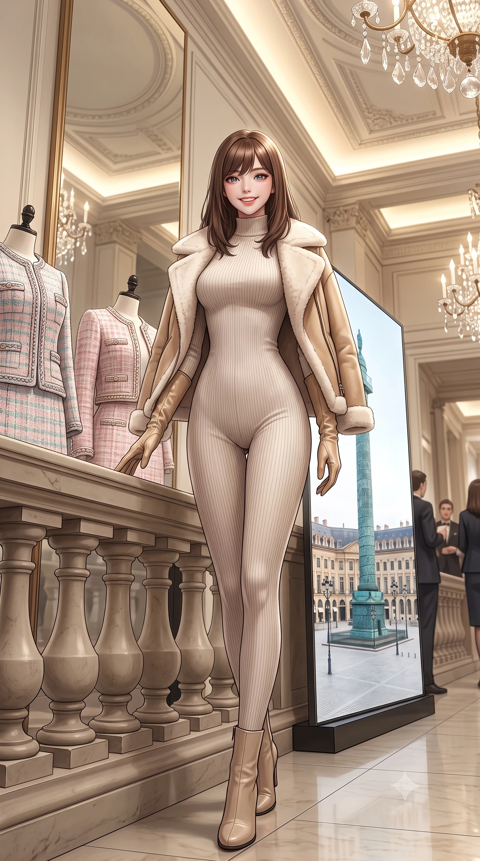 score_9, masterpiece, best quality, ultra-detailed, high-budget anime keyframe, semi-realistic 3D game render, editorial fashion photography, tasteful artistic composition, Korean woman. low angle full-body shot from head to toe showing her feet, filling the entire 9:16 vertical frame with her statuesque presence, stretching her vertical silhouette. standing poised beside the classical stone balustrade with one foot slightly forward, arching her lower back with regal supermodel grace while walking past monumental mirrors reflecting the historic octagonal Place Vendôme square, turning with magnetic high-fashion poise. The surrounding environment is rendered in vivid detail and crisp panoramic clarity: detailed Chanel-inspired pastel tweed jacket weave, braided trim borders, and premier Parisian interior architecture in razor-sharp precision. She has an exceptionally tall and slender model-like 8.5-heads proportion, an ultra-slim waist, a flat toned midriff, narrow delicate ribcage, and beautifully sculpted feminine hips creating a graceful, slim hourglass silhouette without any bulky heaviness, with impossibly long slender legs. sharp v-shaped jawline, high-bridge nose, intricate jewel-like sparkling eyes with depth, thick eyelashes, glossy parted lips with a natural peach sheen, bright cheerful beaming smile with an enchanting and coquettish sensual glint, exuding both youthful cute charm and seductive allure, flawlessly proportioned anatomical accuracy, strict slender model proportions, natural body alignment, perfectly sculpted long slender limbs, ultra-slim waistline, clean dynamic posture without body distortion. wearing an ultra-snug ribbed merino wool catsuit jumpsuit tracing her long slender limbs and narrow waist under an open shearling jacket in soft champagne ivory and warm biscuit beige, woven from fine elastic rib-knit fabric tracing every millimeter of her slender torso, complemented by buttery leather opera gloves tracing her slender arms with sleek polish, the glove-like clinging cut tightly following the natural contour of her hips and long slender legs with youthful 8.5-heads elegance. bathed in brilliant 3500K warm-white cove illumination and glittering multi-faceted crystal chandelier reflections. highly saturated vibrant anime colors, detailed shading with soft gradients, rich glossy textures, high-contrast stereoscopic depth, volumetric dynamic lighting, master piece, 9:16 ratio