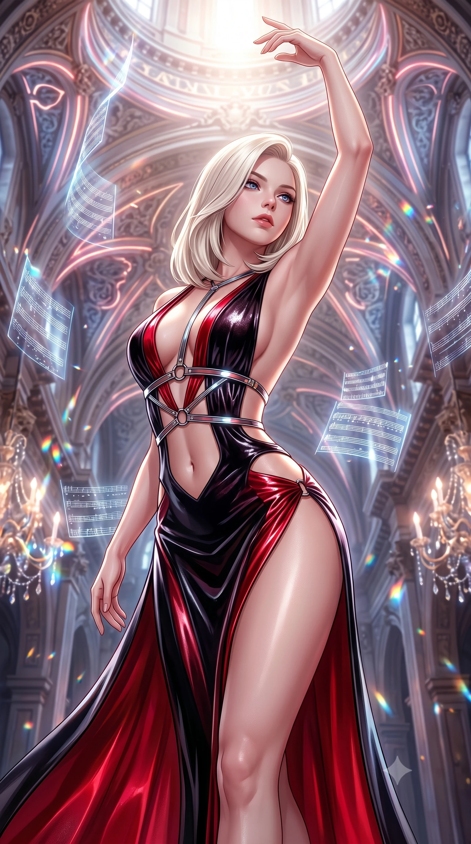score_9, masterpiece, best quality, ultra-detailed, high-budget anime keyframe, semi-realistic 3D game render, editorial fashion photography, tasteful artistic composition, Caucasian woman. close-up cowboy shot from the waist and thighs up, the character dominates the composition, filling the frame with her large presence. extending one arm gracefully toward the light while her torso arches in a sleek, alluring curve with magnetic intensity while arching her spine in a dramatic operatic pose under a towering baroque ceiling with glowing neon frescoes. The composition keeps background elements in soft focus with creamy bokeh. floating holographic sheet music and chandelier refractions scattering light across a majestic backdrop. She has an exceptionally elegant, slender, and willowy female figure with an ultra-slim waist, a gracefully sculpted slender torso, and a refined silhouette. sharp v-shaped jawline, high-bridge nose, intricate jewel-like eyes with depth, thick eyelashes, glossy lips with a natural sheen, flawlessly proportioned anatomical accuracy, natural body alignment, perfectly sculpted elegant limbs, clean dynamic posture without body distortion. wearing a backless crushed velvet gown with a deep V-neckline, strategic hip cutouts, and an ultra-high thigh slit in glossy obsidian black and radiant crimson red, made of liquid metal jersey that clings flawlessly to every contour of her build, reinforced by a sleek metallic chrome harness and delicate glowing micro-straps, the daring cutouts accentuating her delicate midriff, graceful collarbones, and feminine contour. surrounded by an opulent, dramatic, and intensely seductive high-culture editorial aura. highly saturated vibrant anime colors, detailed shading with soft gradients, rich glossy textures, high-contrast stereoscopic depth, volumetric dynamic lighting, master piece, 9:16 ratio