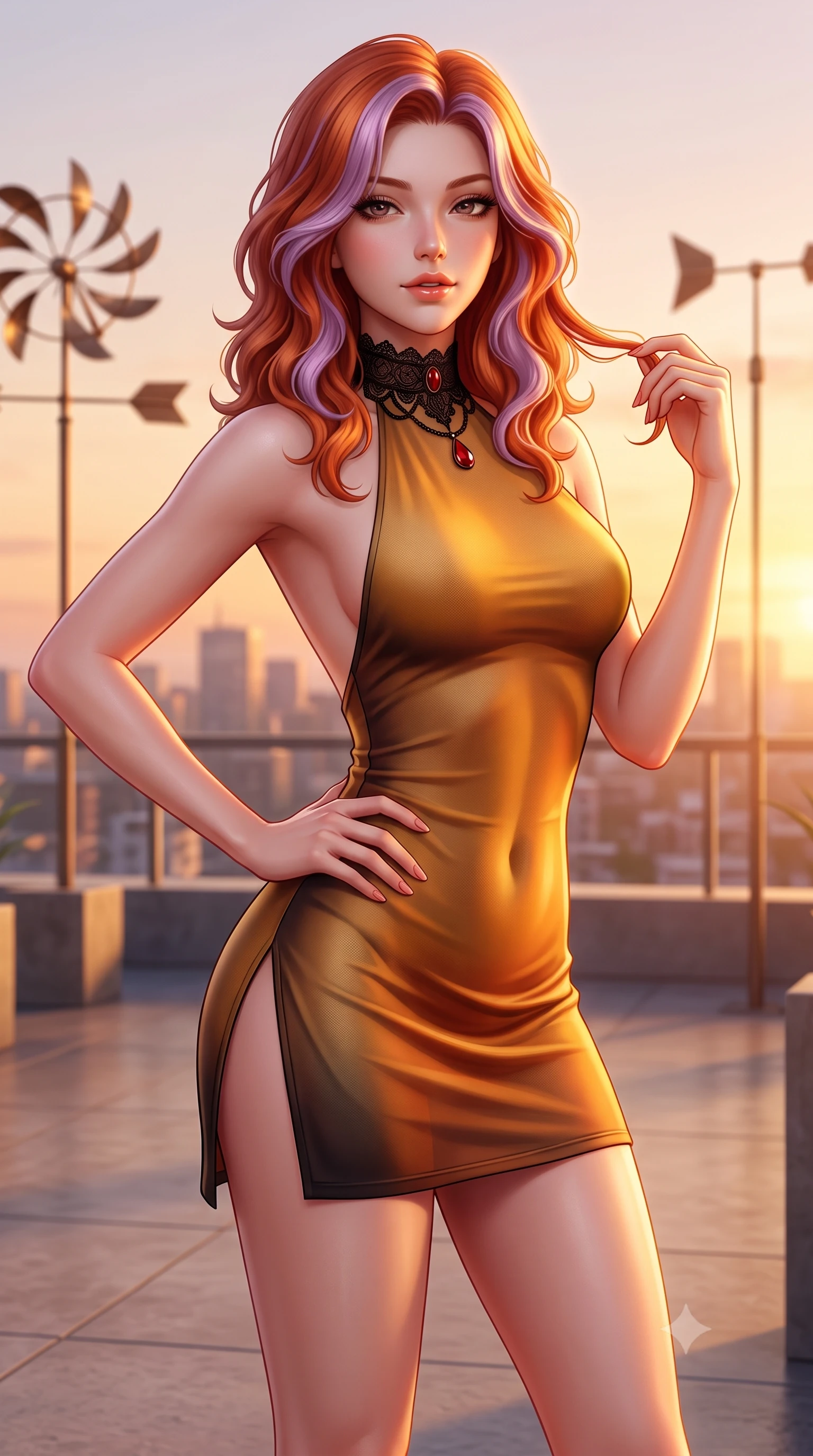 score_9, masterpiece, best quality, ultra-detailed, high-budget anime keyframe, semi-realistic 3D game render, editorial fashion photography, tasteful artistic composition, Caucasian woman. close-up cowboy shot from the waist and thighs up, the character dominates the composition, filling the frame with her large presence. twisting her slender torso in an alluring contrapposto stance, one hand resting on her sculpted hip while her fingers toy with her hair with effortless poise while standing on the open-air rooftop sculpture terrace beside kinetic bronze wind vanes, arching her back against the sunset skyline. The background shows a soft-focus city skyline horizons softened in breezy metropolitan rooftop shallow focus. She has an exceptionally elegant, slender, and willowy female figure with an ultra-slim waist, flat toned midriff, narrow ribcage, and sculpted feminine hips creating an alluring, slim hourglass silhouette without bulk. sharp v-shaped jawline, high-bridge nose, sparkling eyes with hypnotic seductive depth, thick curled eyelashes, glossy parted lips with a natural dewy peach sheen, alluring bedroom-eyes with an enchanting coquettish smile, exuding magnetic siren charisma and sophisticated glamour, flawlessly proportioned anatomical accuracy, strict slender model proportions, natural body alignment, perfectly sculpted long slender limbs, ultra-slim waistline, clean dynamic posture without body distortion. wearing a slinky backless halterneck column mini dress clinging like a second skin with deep geometric side slits in warm amber honey and antique gold leaf with dark shadow gradients, made of semi-opaque stretch illusion mesh with soft shadowy contours, accented with an ornate black lace Victorian choker featuring a single blood-red teardrop garnet, the glove-like clinging cut tightly following the natural contour of her hips and long slender legs with youthful 8.5-heads elegance. bathed in radiant golden hour sunset illumination washing horizontally across the rooftop terrace. highly saturated vibrant anime colors, detailed shading with soft gradients, rich glossy textures, high-contrast stereoscopic depth, volumetric dynamic lighting, master piece, 9:16 ratio