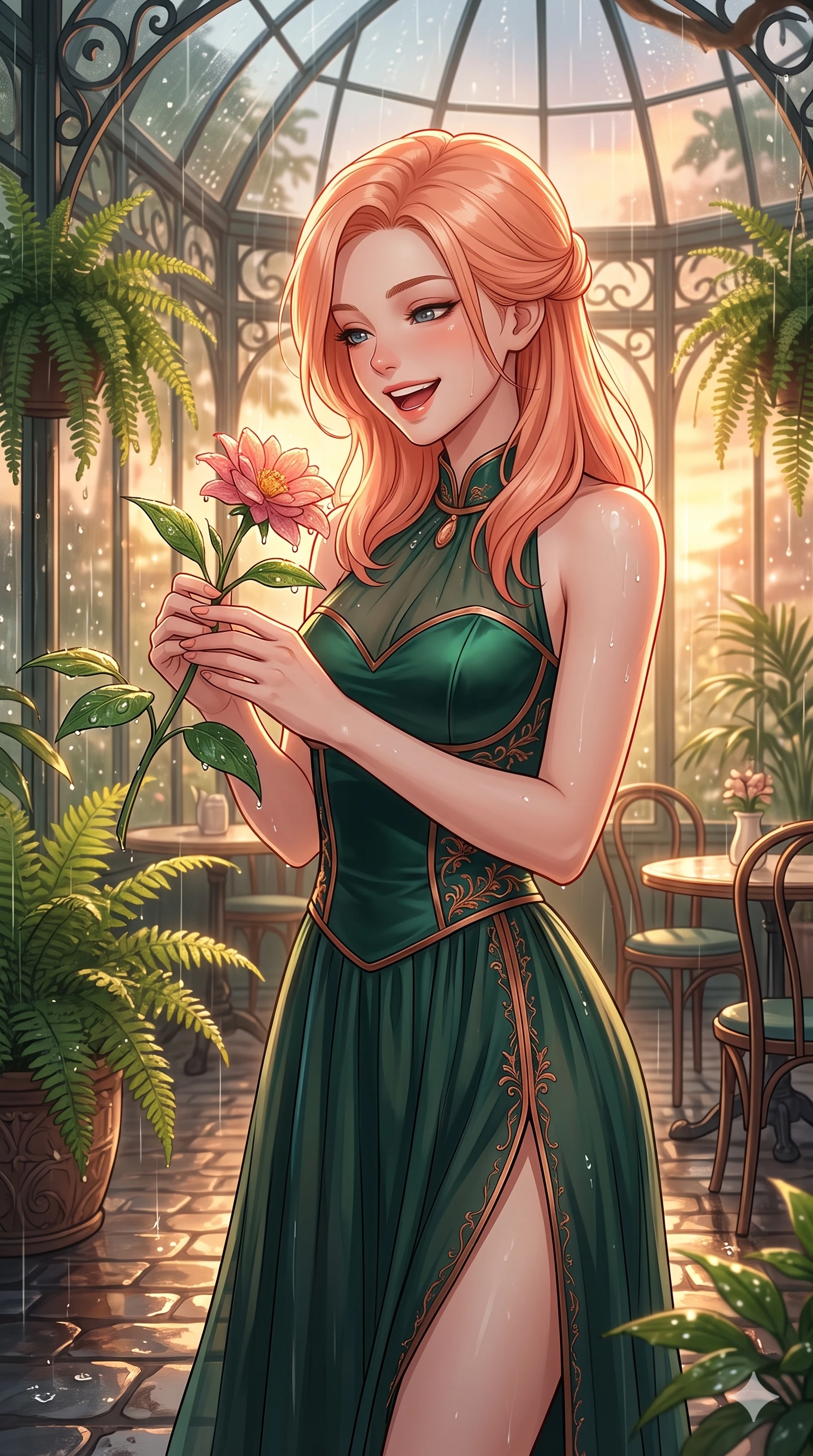 score_9, masterpiece, best quality, ultra-detailed, high-budget anime keyframe, vibrant anime aesthetic, Japanese woman. close-up cowboy shot from the waist and thighs up, the character dominates the composition, filling the frame with her large presence, background elements kept in soft focus. She is laughing happily while looking down at a blooming rain-drenched flower, her eyes glowing with lively energy with a lively, expressive stance. the background shows a soft-focus elegant art-nouveau conservatory filled with lush ferns, under a sun shower with volumetric light beams (Code-P22-154). She has an absolutely perfect proportion, an exceptionally elegant and slender female figure with an ultra-slim waist. V-shaped jawline, high-bridge nose, intricate jewel-like eyes with depth, thick eyelashes, glossy lips with a natural sheen. wearing a delicate chiffon dress featuring a structured satin bodice and refined side vent in dark emerald and copper details. She is bathed in glowing sunset light reflecting off wet cobblestones, creating a warm, inviting, and atmospheric glow inside the retro conservatory cafe. 2k, ultra detail, master piece, 9:16 ratio