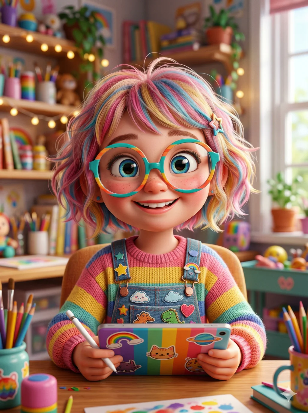 A high-end 3D animation character of a cute girl with giant glasses, bright and colorful mood, 2k, ultra detail, master piece, 3:4 ratio